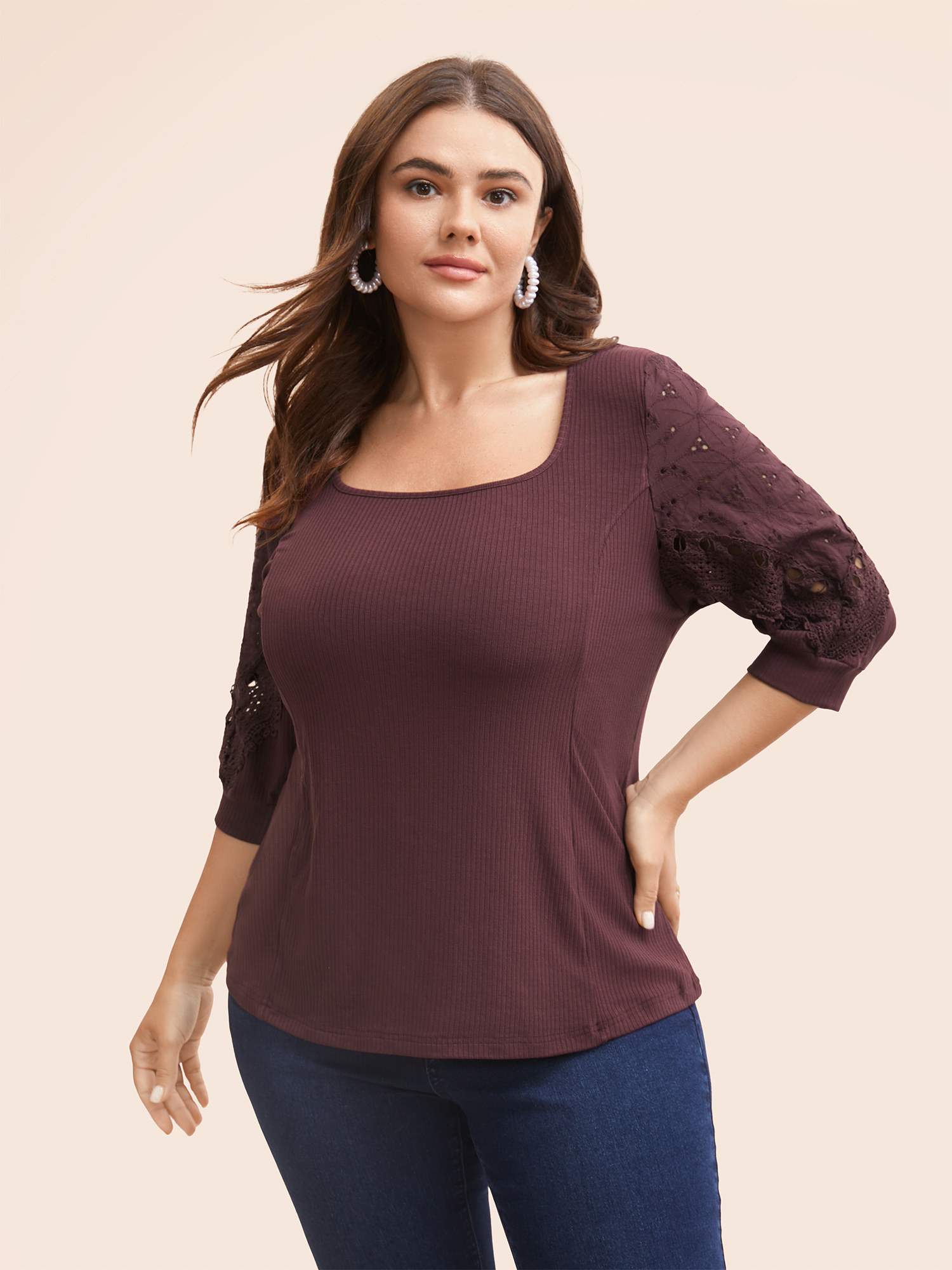 

Square Neck Texture Patchwork Broderie Anglaise T-shirt, Maroon