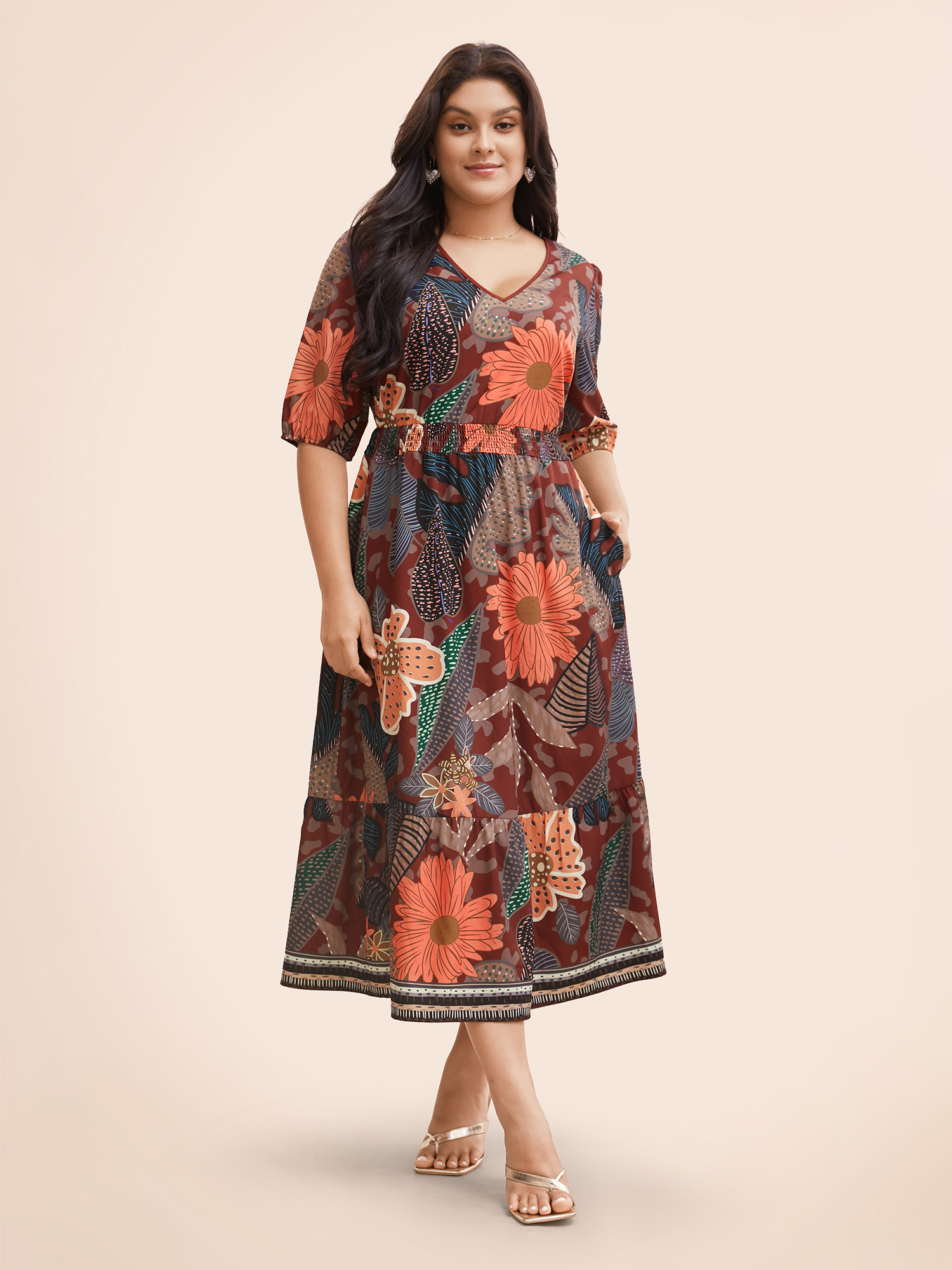 

Plus Size Floral Shirred Lantern Sleeve Midi Dress Burgundy Women Resort Gathered V-neck Half Sleeve Curvy BloomChic