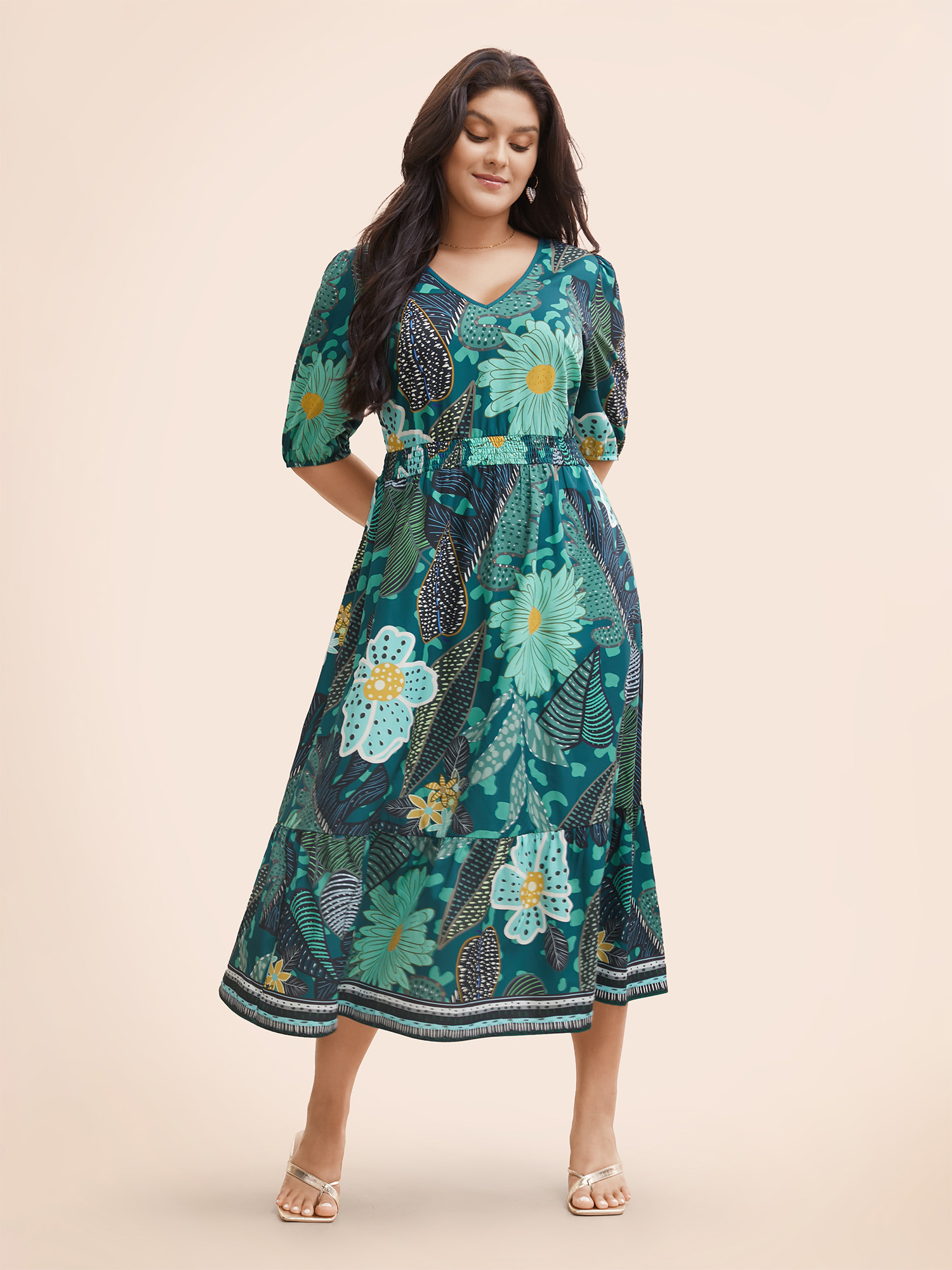 

Plus Size Floral Shirred Lantern Sleeve Midi Dress Emerald Women Resort Gathered V-neck Half Sleeve Curvy BloomChic