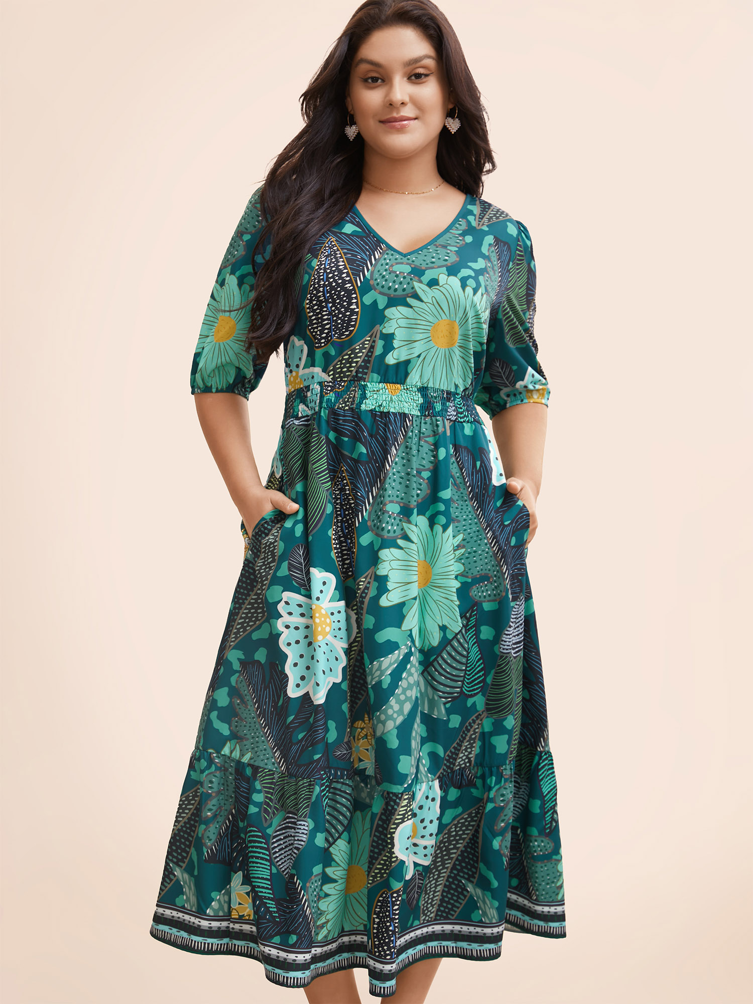 

Plus Size Floral Shirred Lantern Sleeve Midi Dress Emerald Women Resort Gathered V-neck Half Sleeve Curvy BloomChic