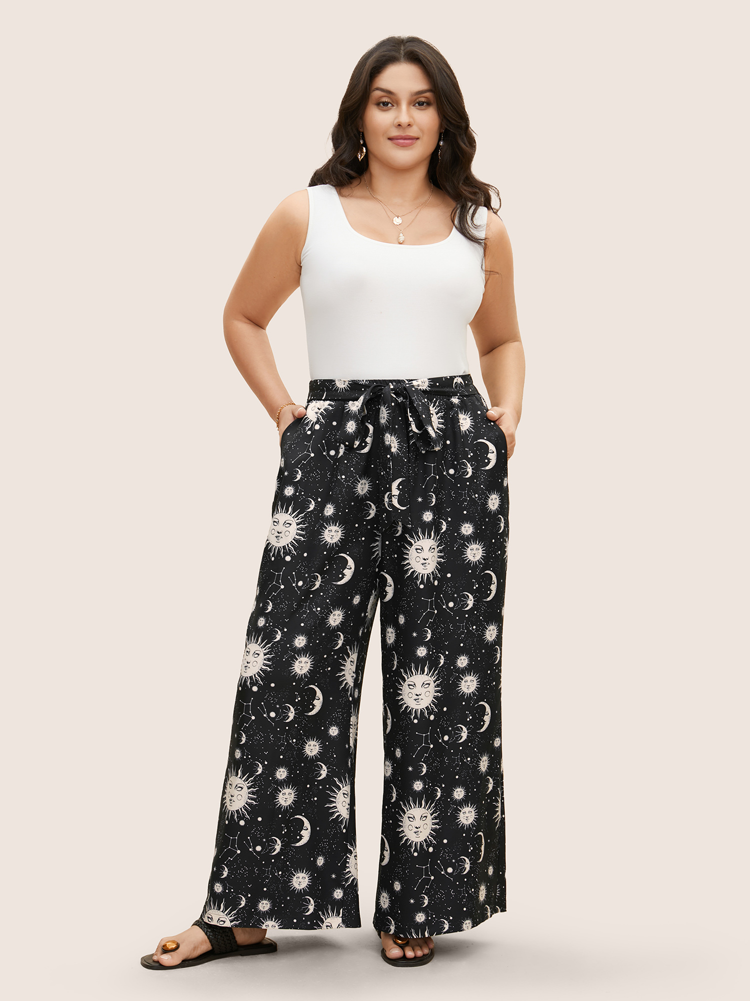 Plus Size Silhouette Floral Print Ties Side Seam Pocket Pants Women BlackFlower Elegant Wide Leg High Rise Everyday Pants BloomChic 18-20/2X 