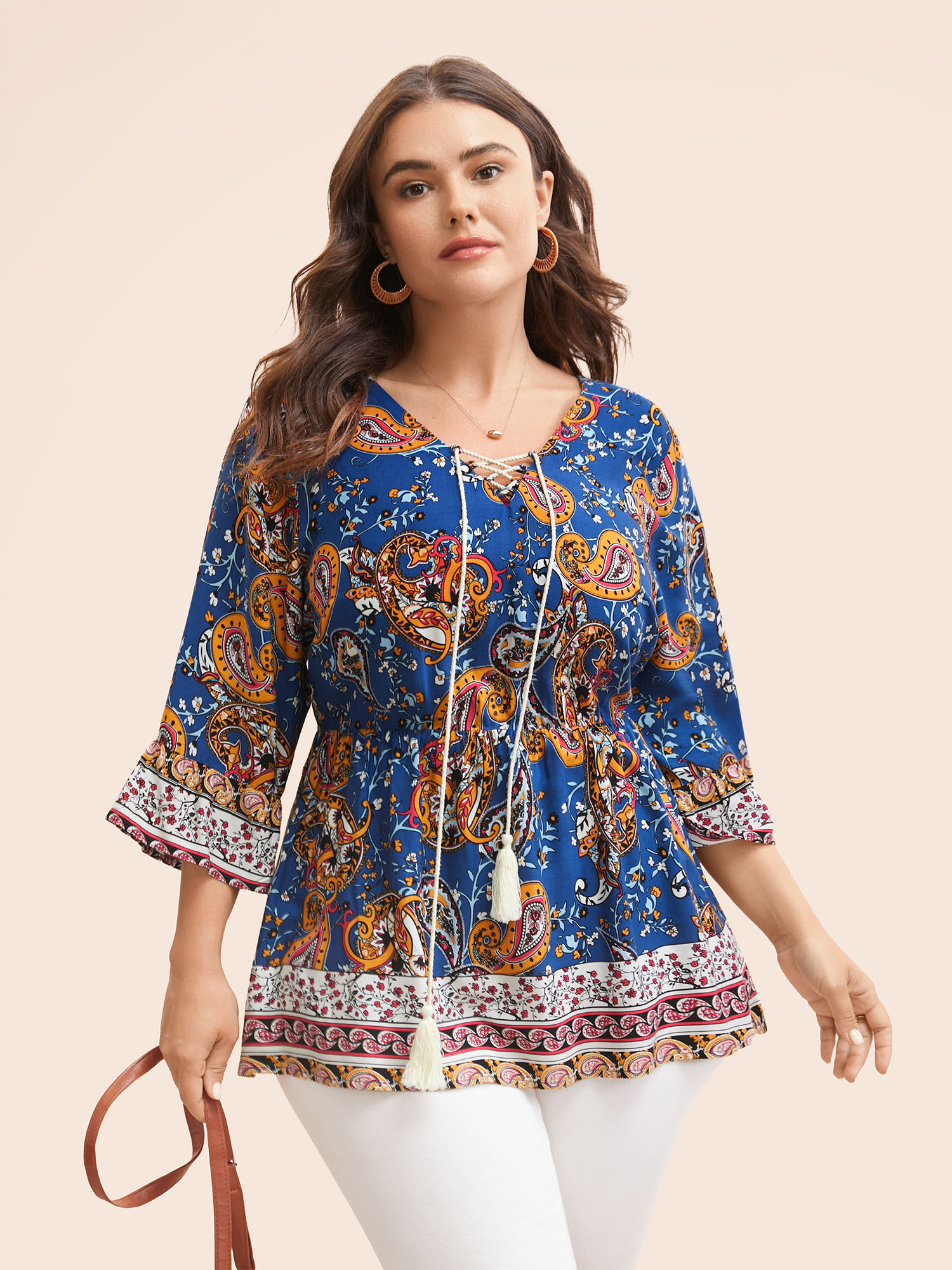 

Plus Size DarkBlue Boho Print Tie Knot Tassels Crisscross Blouse Women Resort Elbow-length sleeve V-neck Vacation Blouses BloomChic