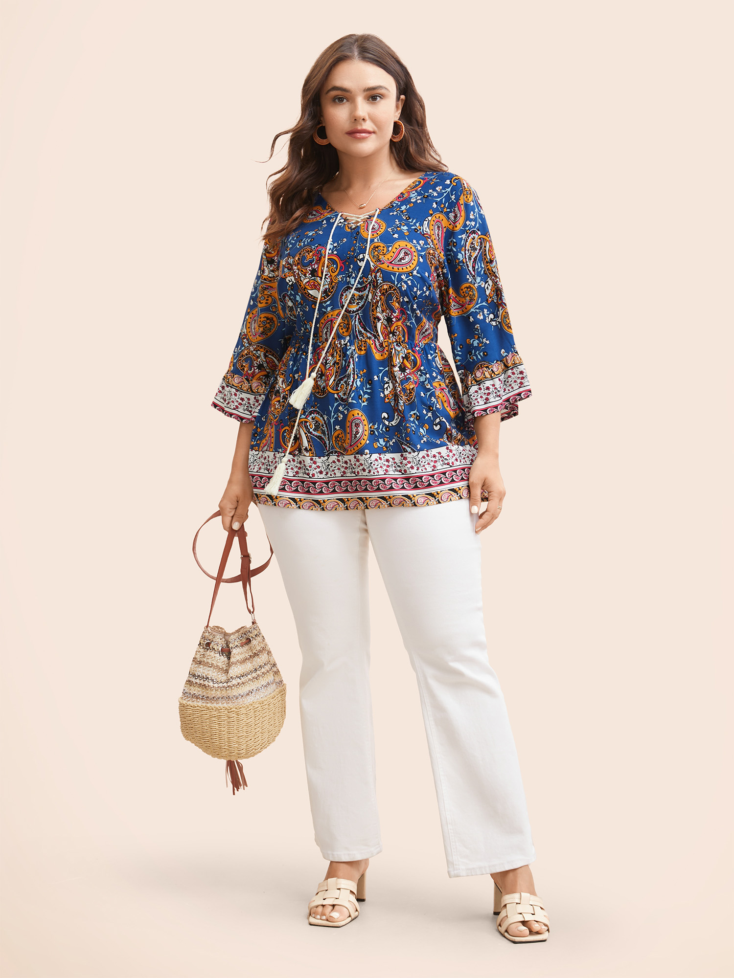 

Plus Size DarkBlue Boho Print Tie Knot Tassels Crisscross Blouse Women Resort Elbow-length sleeve V-neck Vacation Blouses BloomChic