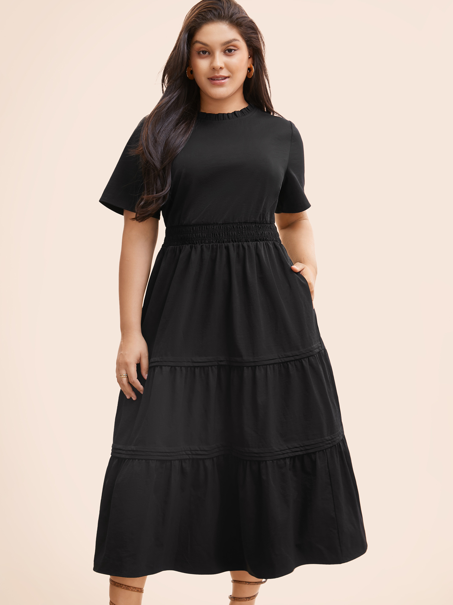 

Plus Size Plain Frill Trim Ruffle Layered Hem Dress Black Women Resort Tucked seam Mock Neck Short sleeve Curvy BloomChic