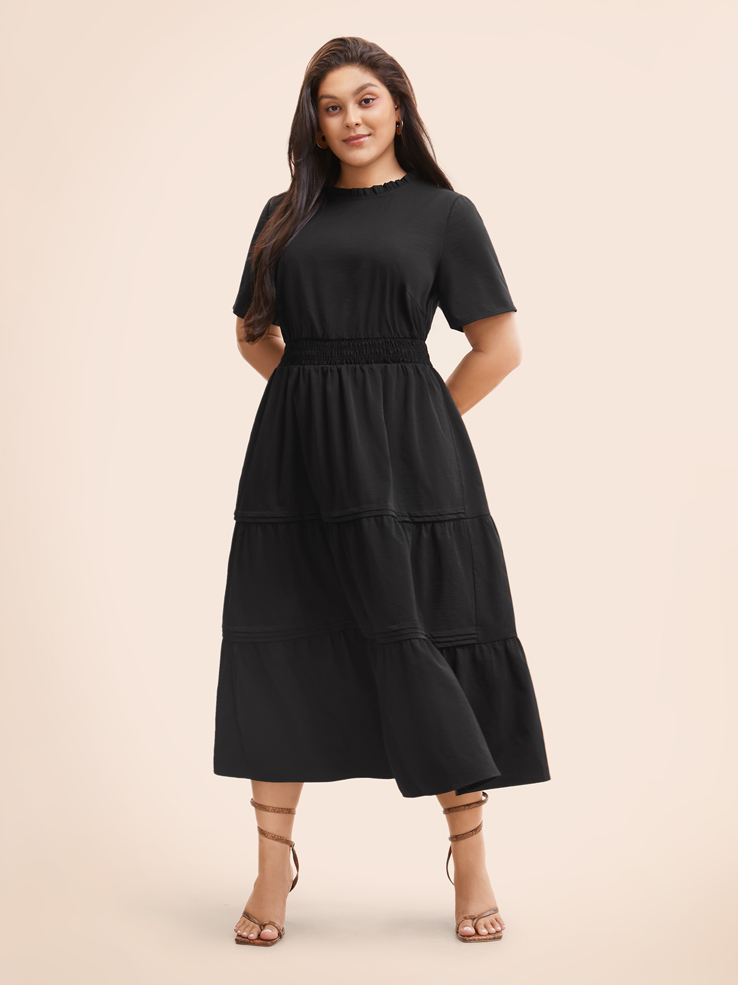 

Plus Size Plain Frill Trim Ruffle Layered Hem Dress Black Women Resort Tucked seam Mock Neck Short sleeve Curvy BloomChic