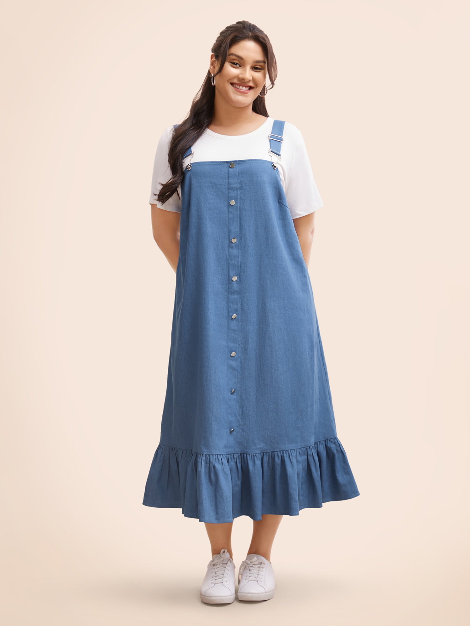 

Plus Size Denim Ruffle Trim Button Detail Dress Mediumblue Women Elegant Button Non Sleeveless Curvy BloomChic