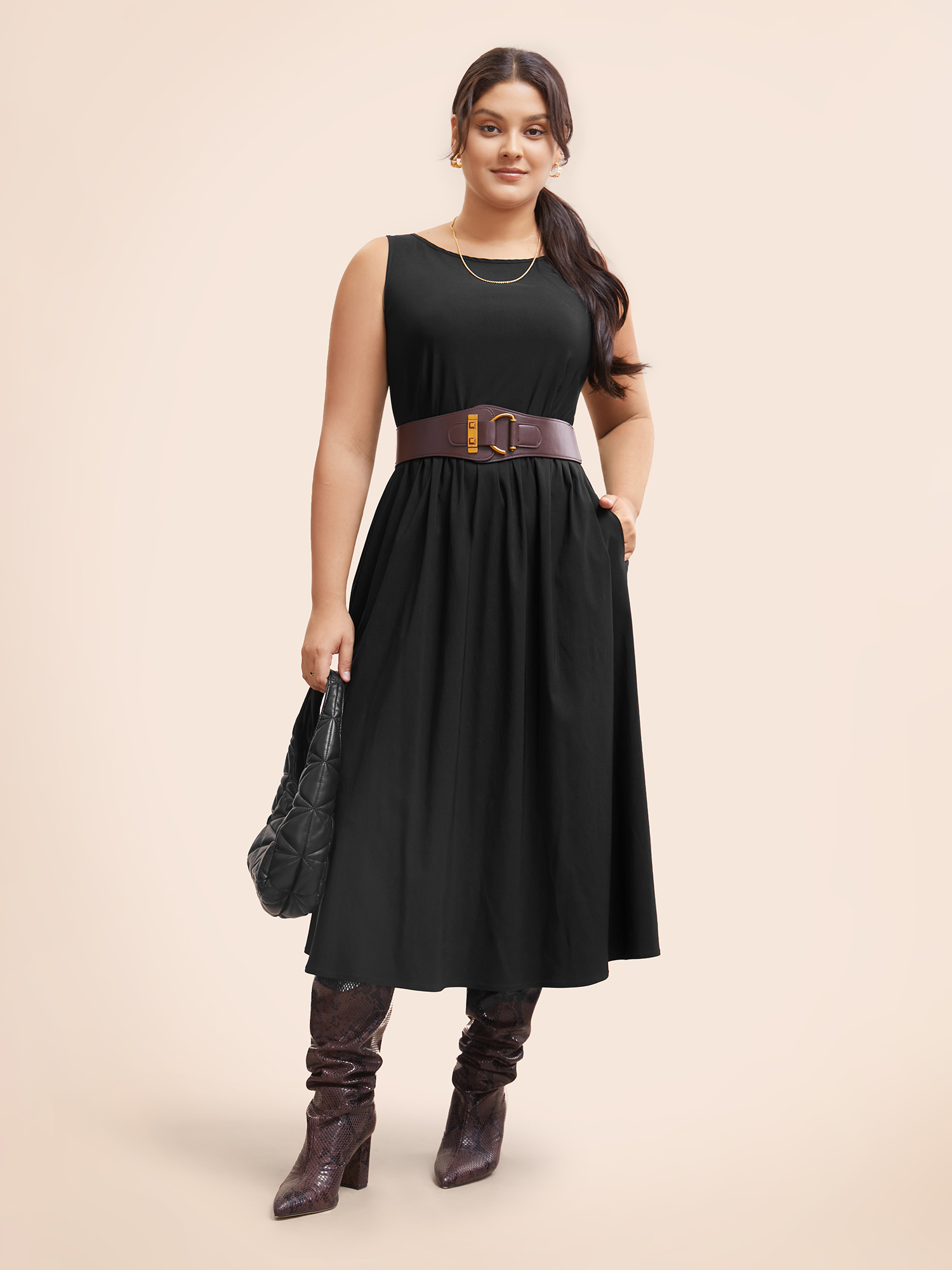 

Plus Size Stretch Woven Blend Multiple Splicing Midi Dress Black Women Workwear Essentials Gathered Round Neck Sleeveless Curvy BloomChic