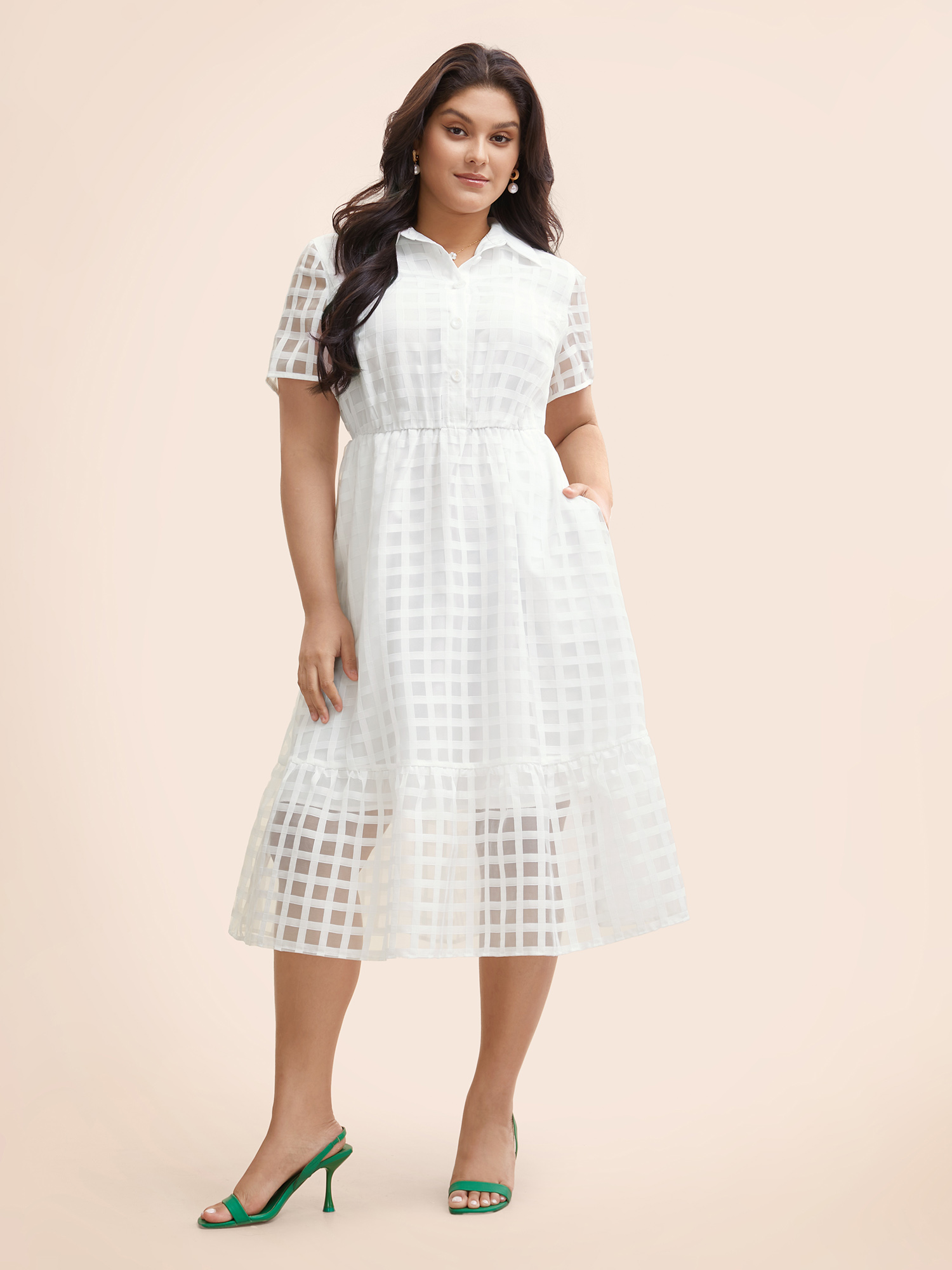 

Plus Size Shirt Collar Gingham Mesh Button Up Dress Originalwhite Women Elegant Texture Shirt collar Short sleeve Curvy BloomChic