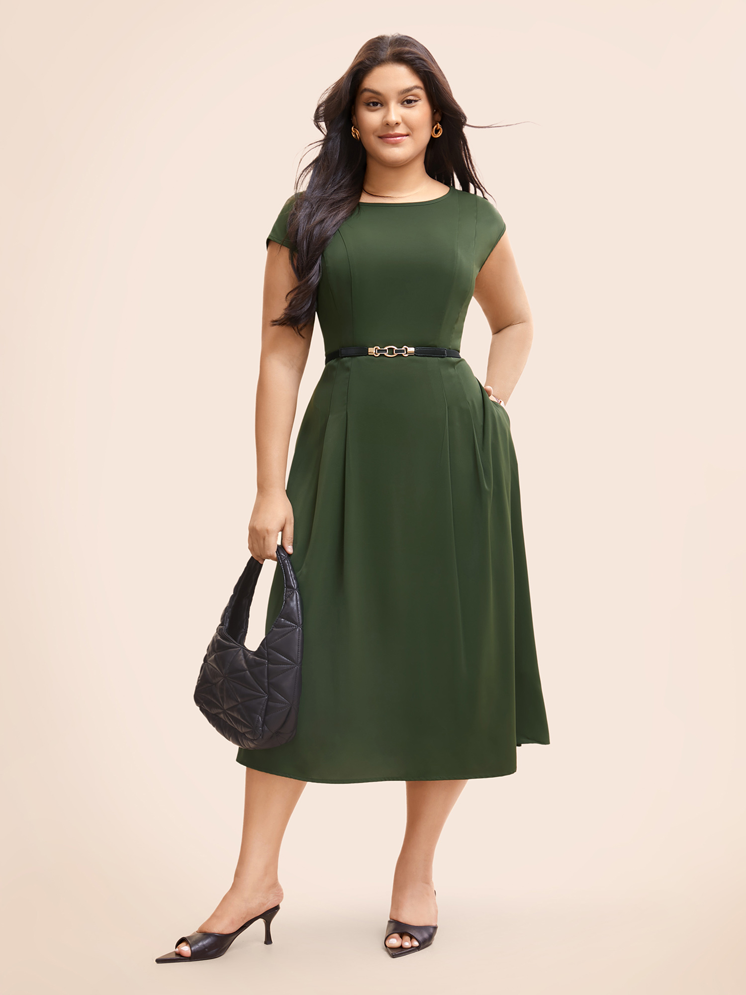 

Plus Size Plain Pleated Shirred Cap Sleeve Dress ArmyGreen Women At the Office Pleated Round Neck Cap Sleeve Curvy BloomChic