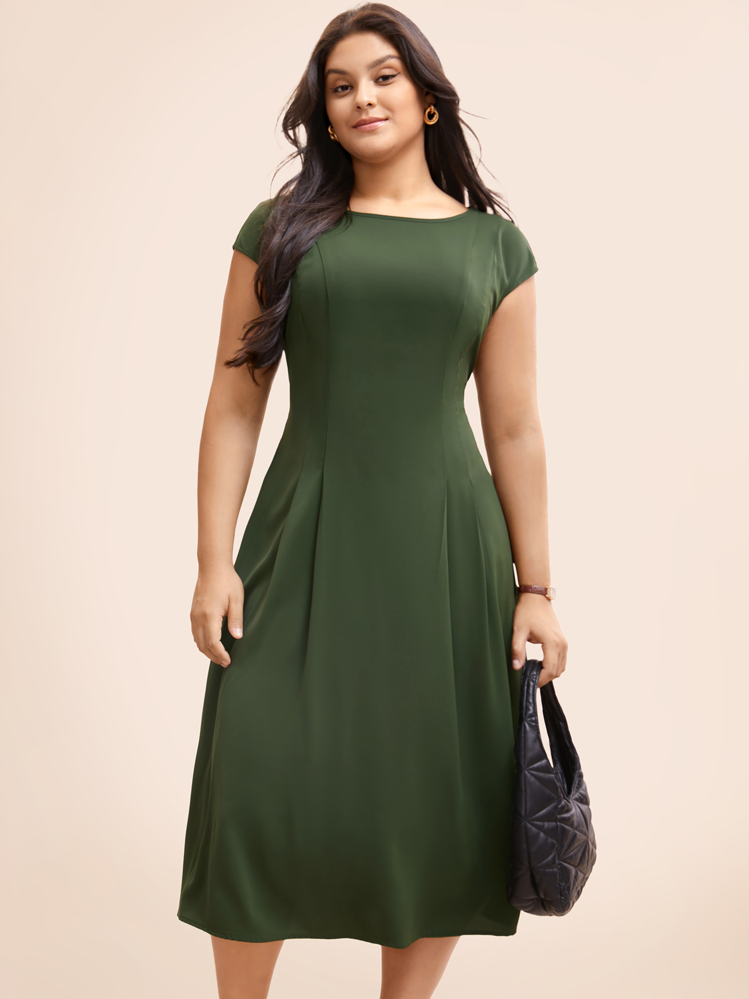 

Plus Size Plain Pleated Shirred Cap Sleeve Dress ArmyGreen Women At the Office Pleated Round Neck Cap Sleeve Curvy BloomChic