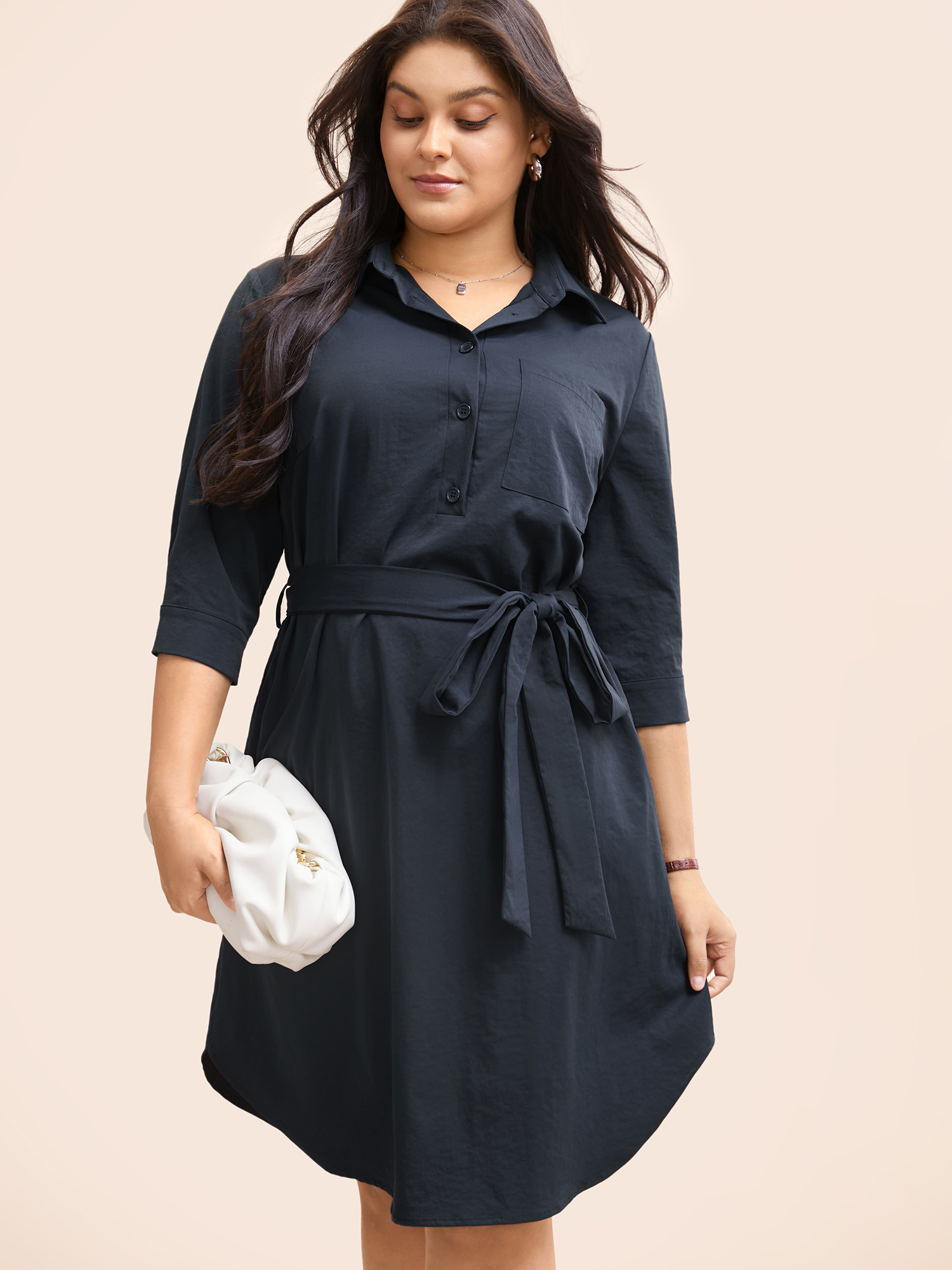 

Plus Size Shirt Collar Belted Arc Hem Dress DarkBlue Women At the Office Belted Shirt collar Elbow-length sleeve Curvy BloomChic