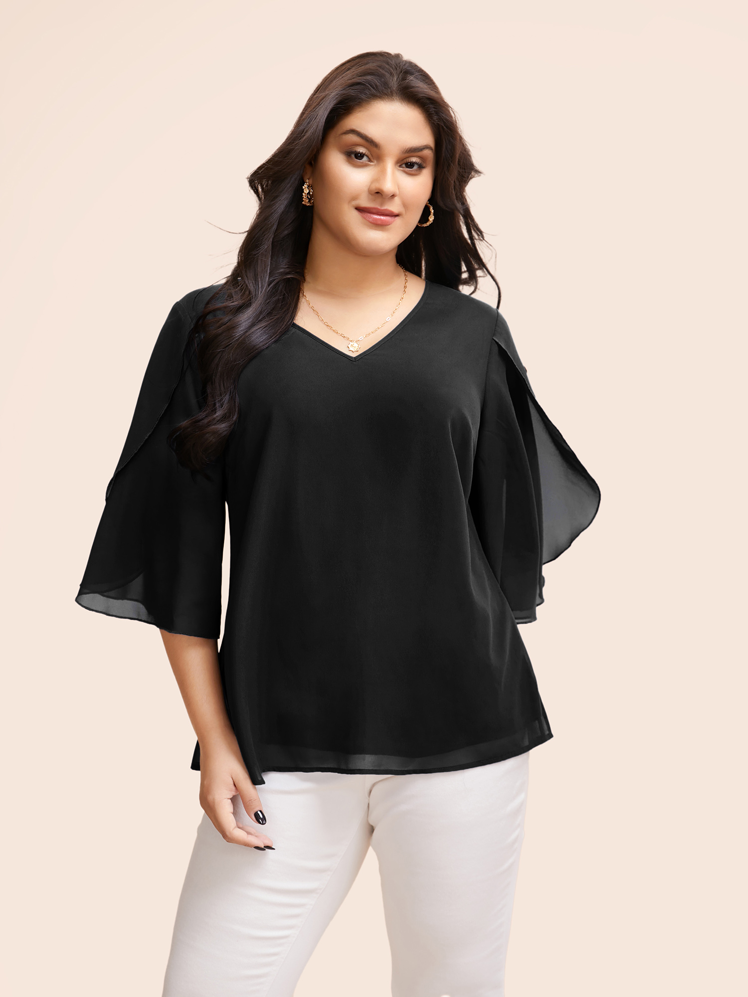 

Plus Size Black Chiffon Gathered Petal Sleeve Blouse Women Elegant Elbow-length sleeve V-neck Everyday Blouses BloomChic