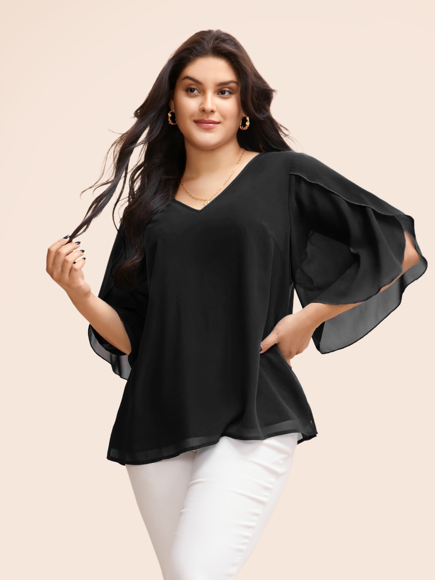 

Plus Size Black Chiffon Gathered Petal Sleeve Blouse Women Elegant Elbow-length sleeve V-neck Everyday Blouses BloomChic