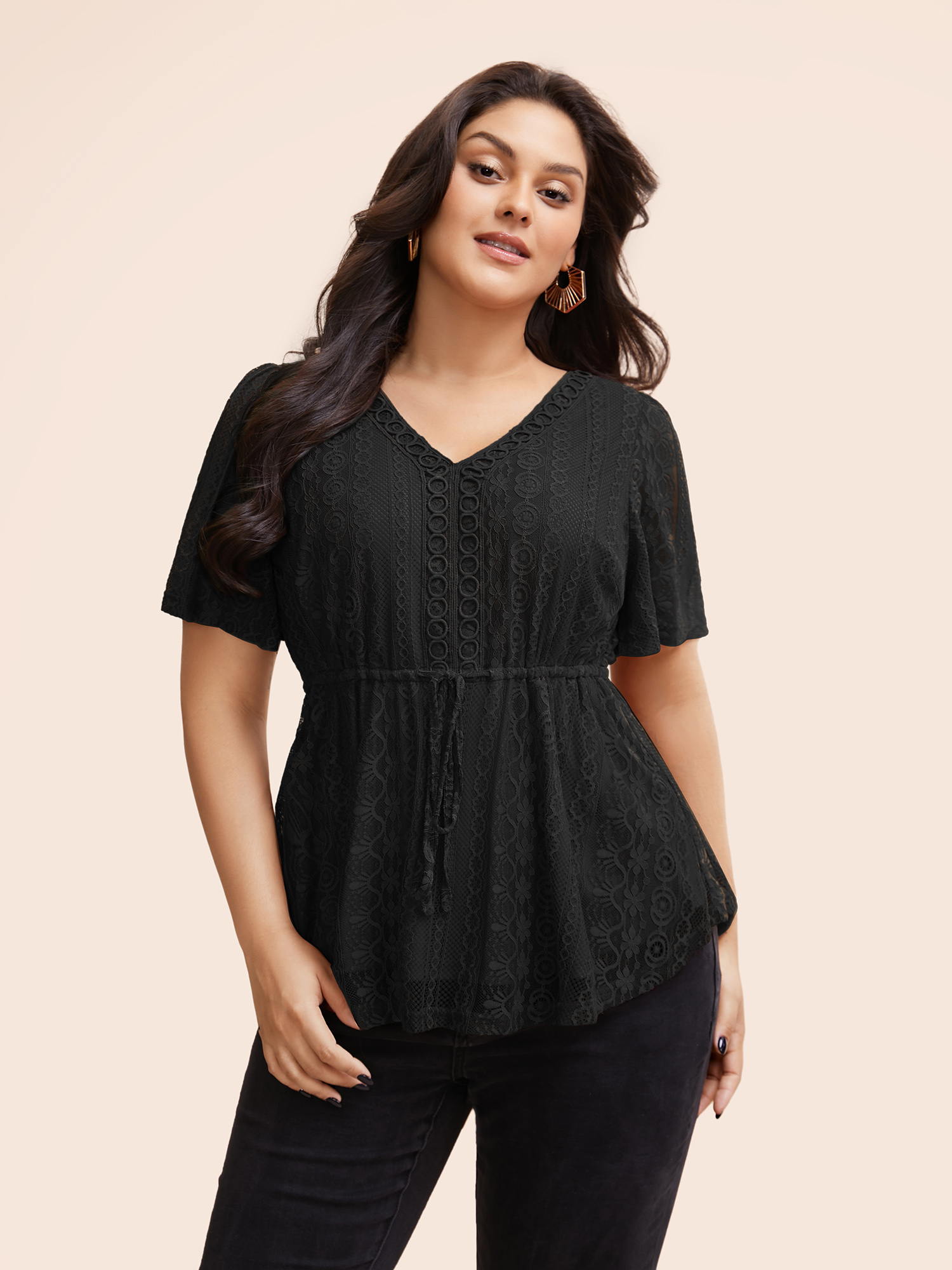 

Plus Size Black V Neck Lace Panel Drawstring Blouse Women Elegant Short sleeve V-neck Everyday Blouses BloomChic