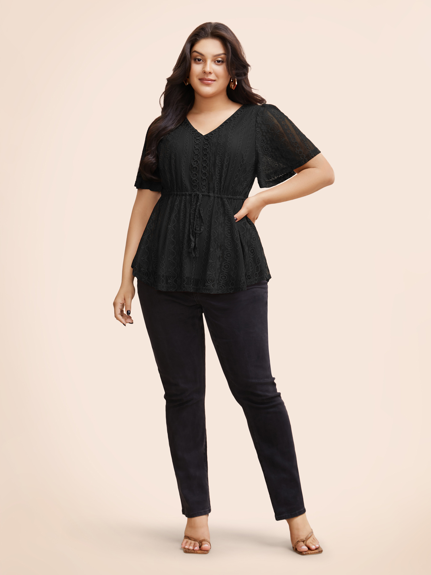 

Plus Size Black V Neck Lace Panel Drawstring Blouse Women Elegant Short sleeve V-neck Everyday Blouses BloomChic
