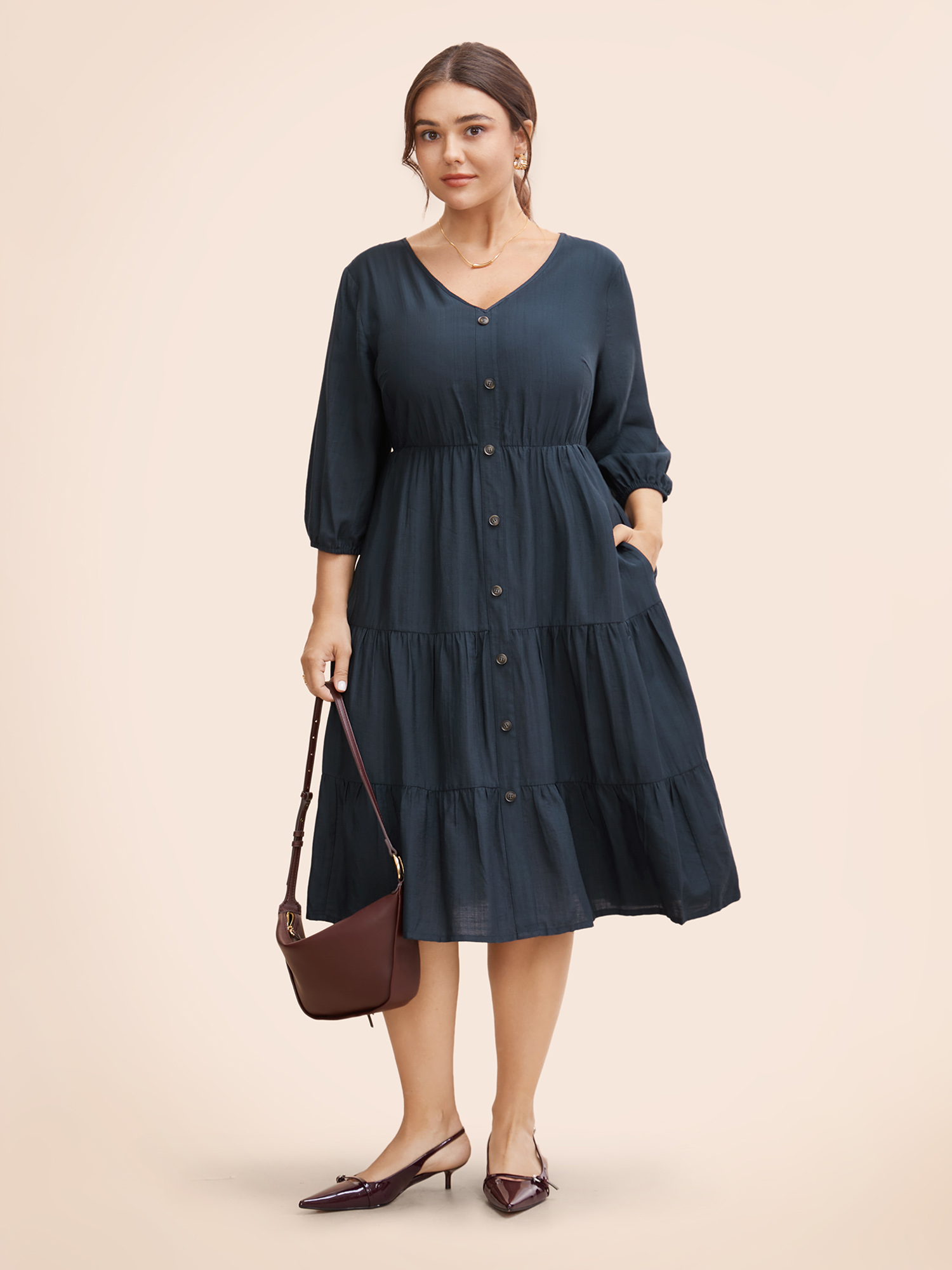 

Plus Size V Neck Ruffle Layered Hem Dress Indigo Women At the Office Gathered V-neck Elbow-length sleeve Curvy BloomChic