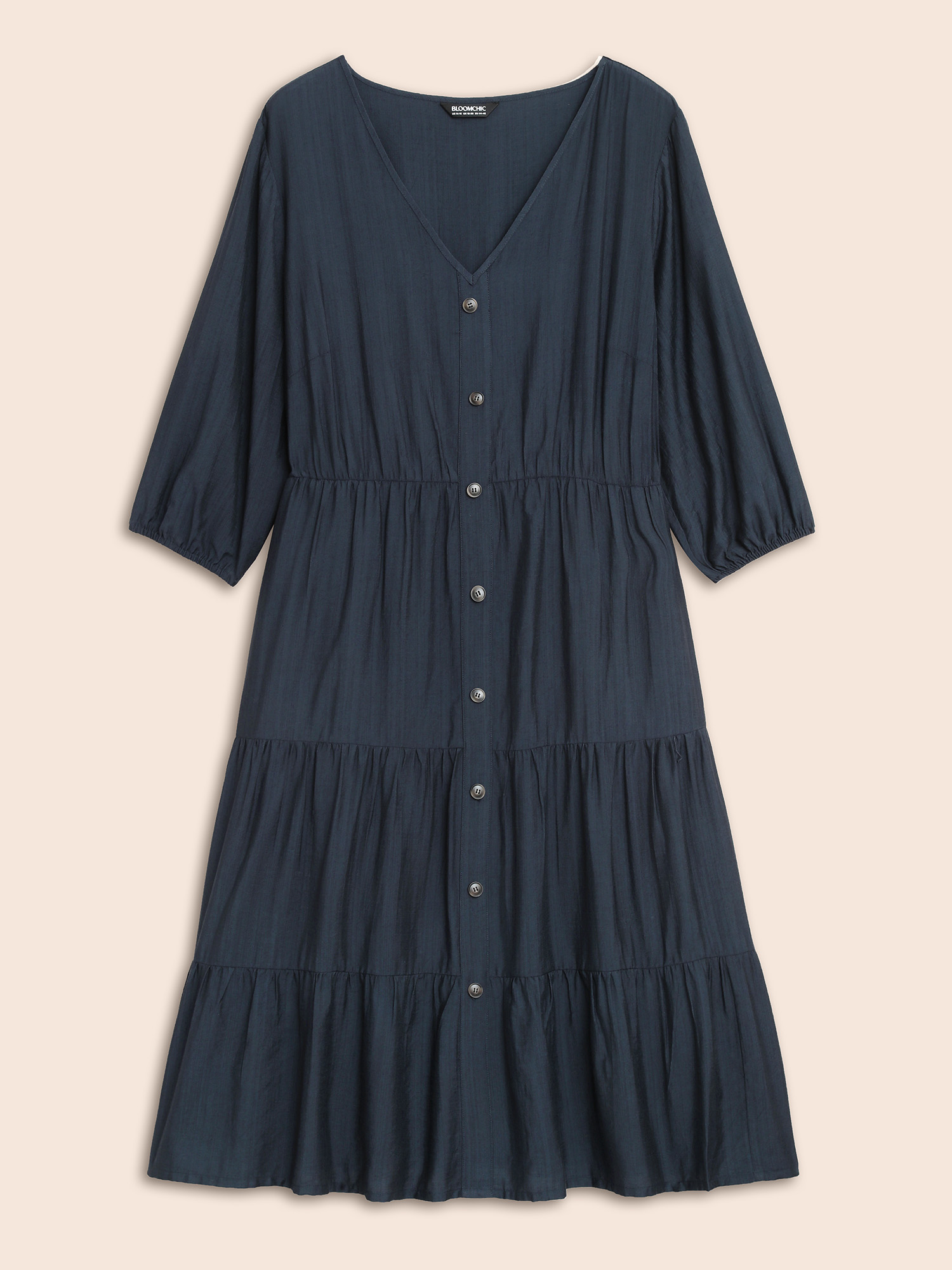 

Plus Size V Neck Ruffle Layered Hem Dress Indigo Women At the Office Gathered V-neck Elbow-length sleeve Curvy BloomChic