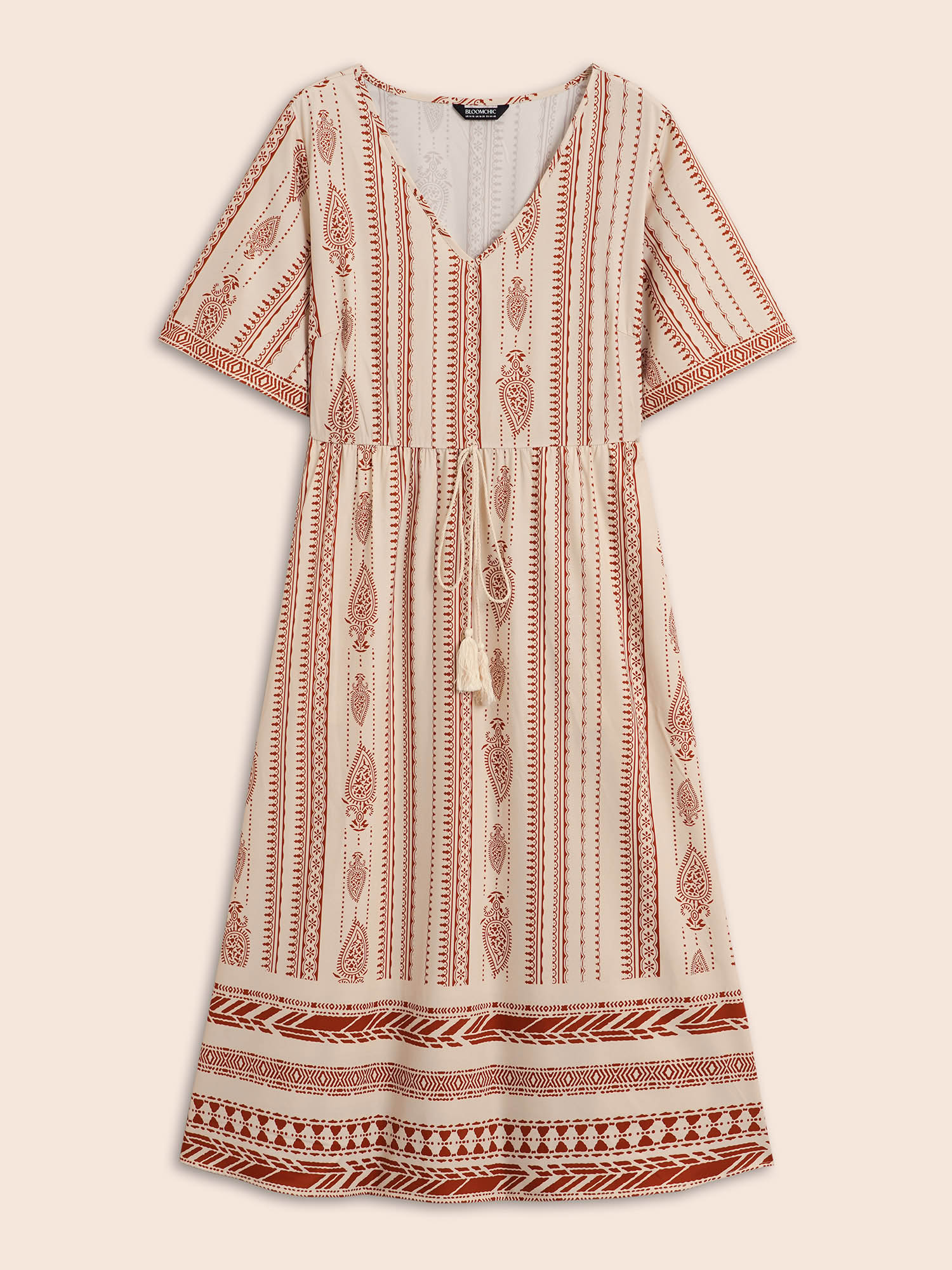 Plus Size Bandana Tassel Trim Elastic Waist Dress Multicolor Women Resort Tie knot V-neck Half Sleeve Curvy BloomChic 28/5X 