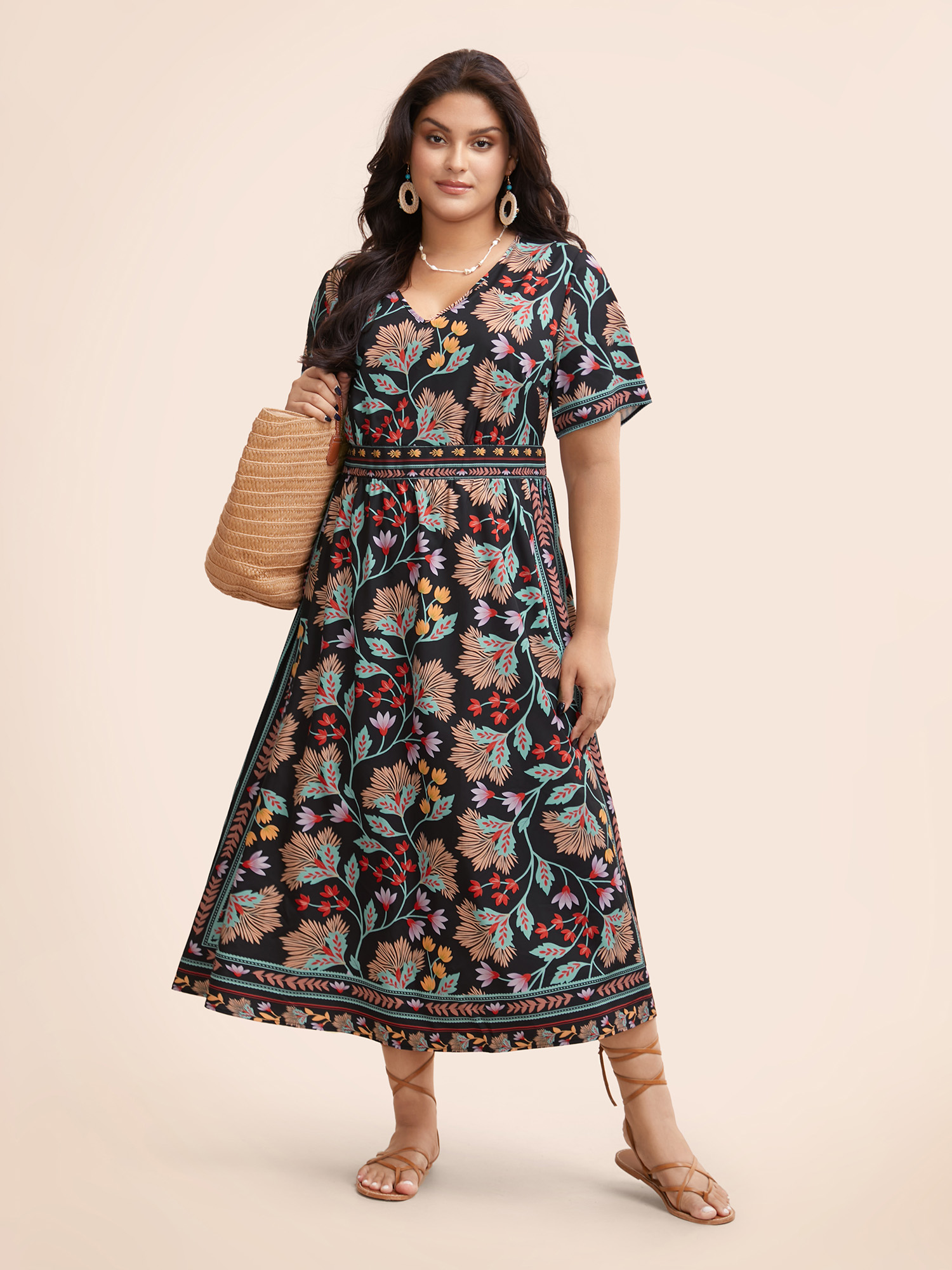 

Plus Size Boho Print Shirred Pocket Midi Dress Black Women Resort Shirred V-neck Short sleeve Curvy BloomChic