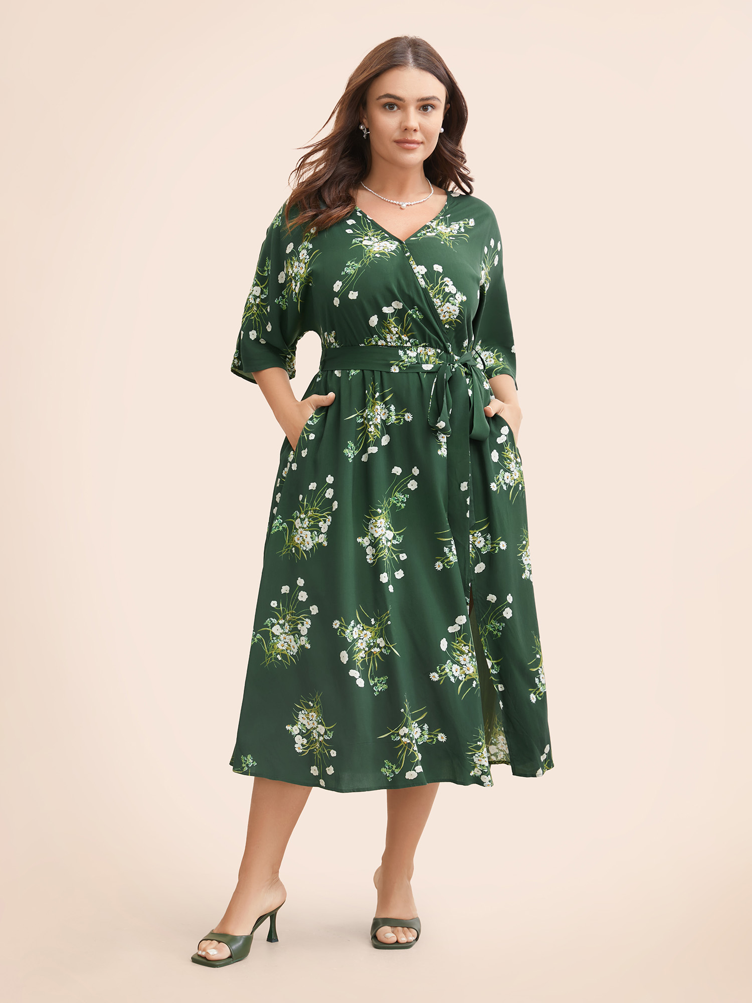 

Plus Size Floral Overlap Collar Split Hem Dress Emerald Women Elegant Belted Overlap Collar Half Sleeve Curvy BloomChic