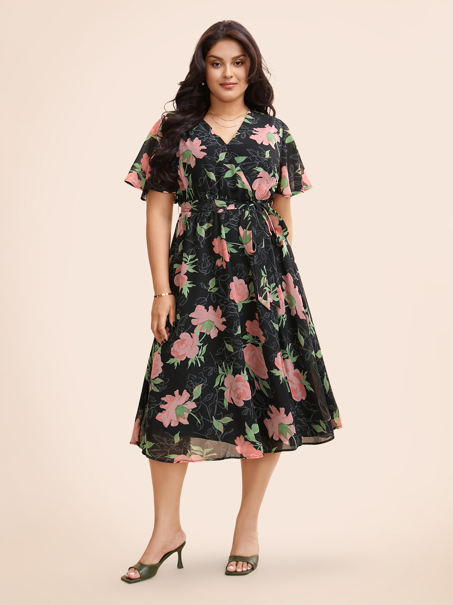 

Plus Size Overlap Collar Floral Split Hem Dress Multicolor Women Elegant See through Overlap Collar Short sleeve Curvy BloomChic