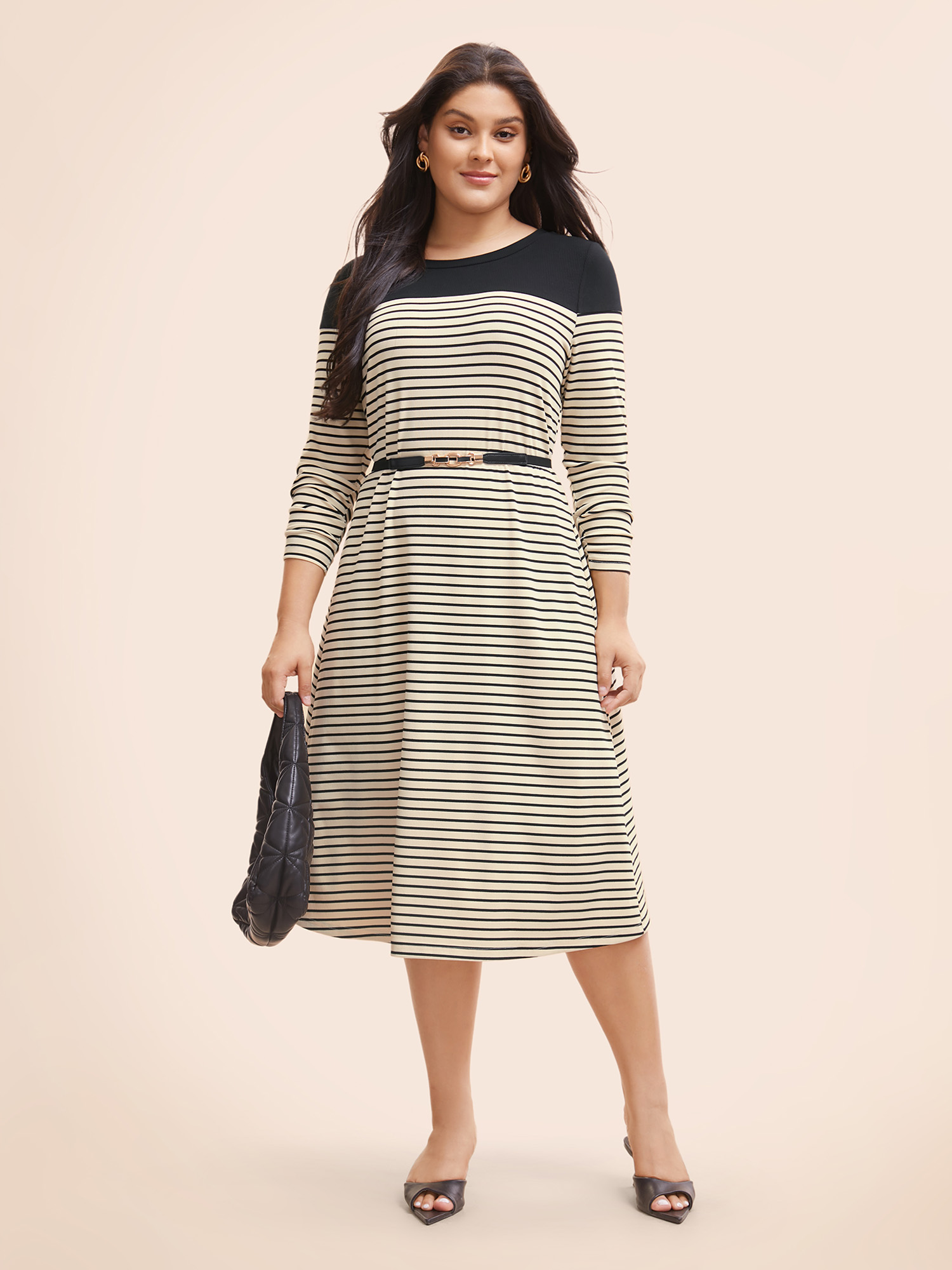 

Plus Size Striped Patchwork Rib Knit Midi Dress Black Women Work From Home Patchwork Round Neck Long Sleeve Curvy BloomChic