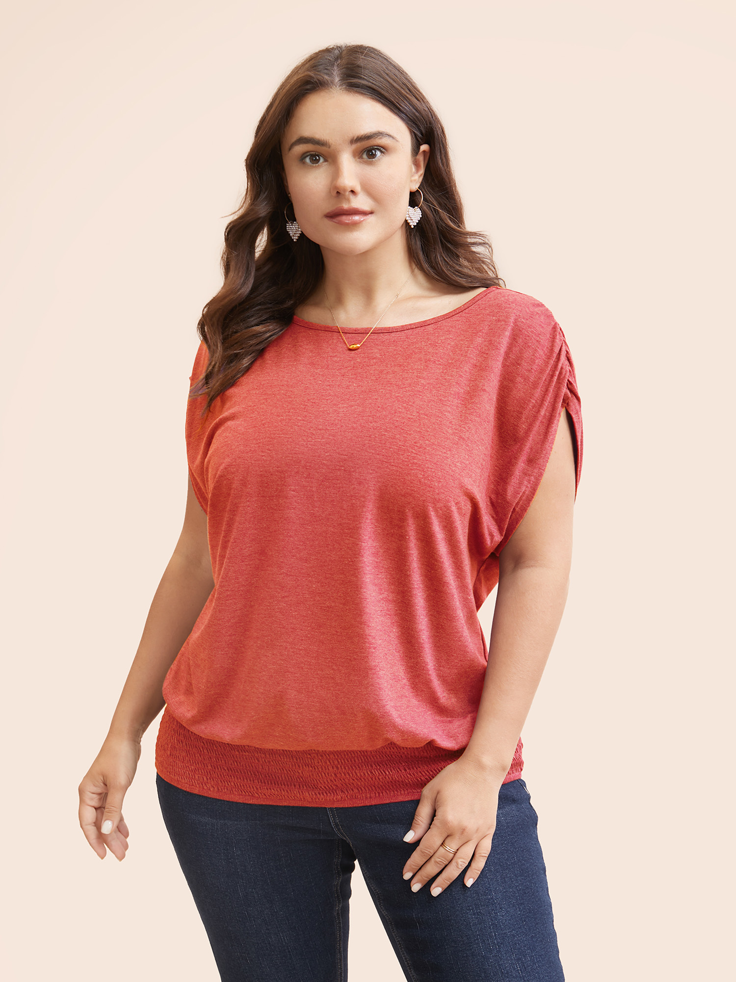 

Plus Size Solid Ruched Batwing Sleeve Shirred Hem T-shirt Russet Women Elegant Ruched Plain Round Neck Everyday T-shirts BloomChic