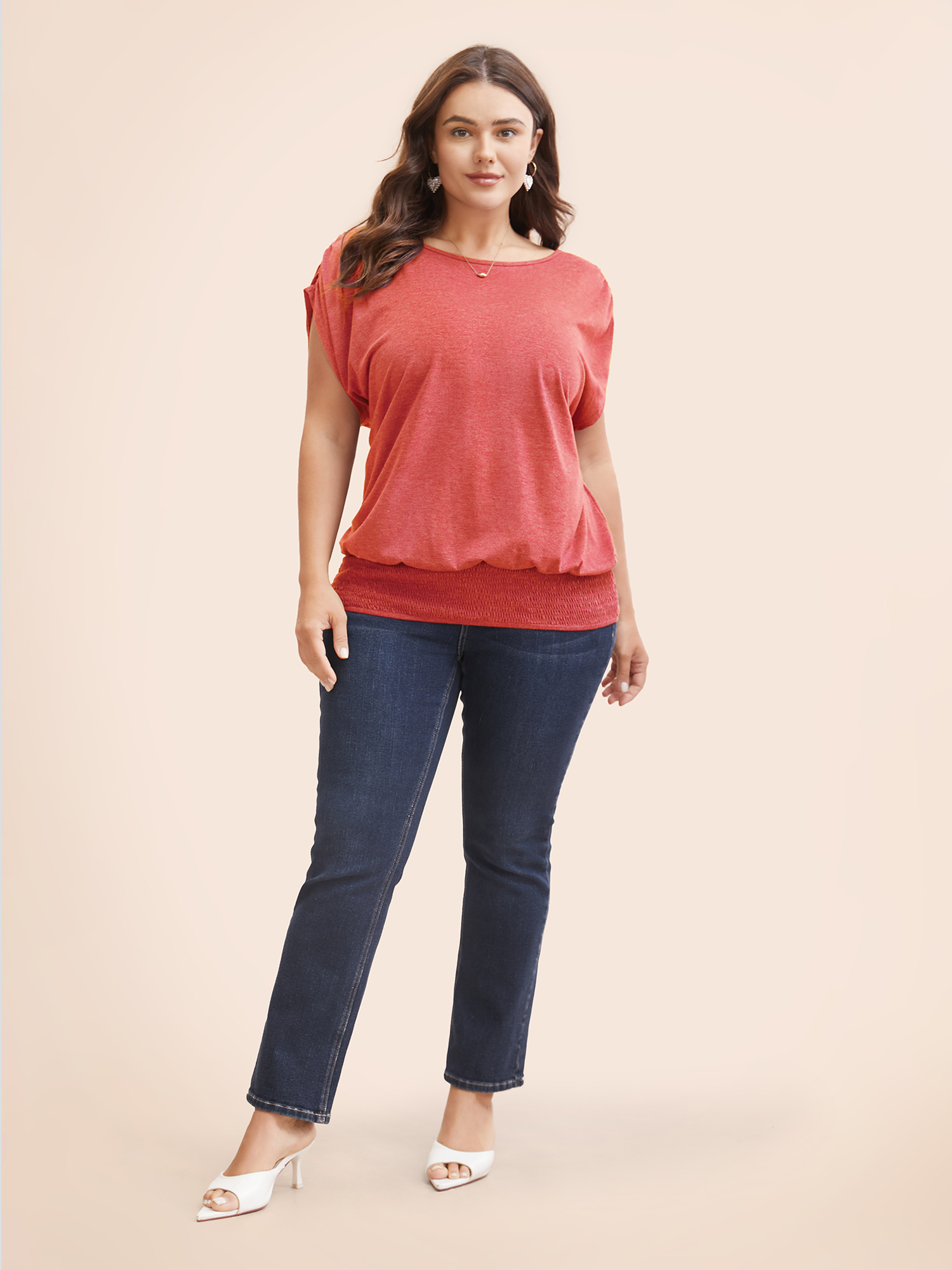 Plus Size Solid Ruched Batwing Sleeve Shirred Hem T-shirt Russet Women Elegant Ruched Plain Round Neck Everyday T-shirts BloomChic 18-20/2X 