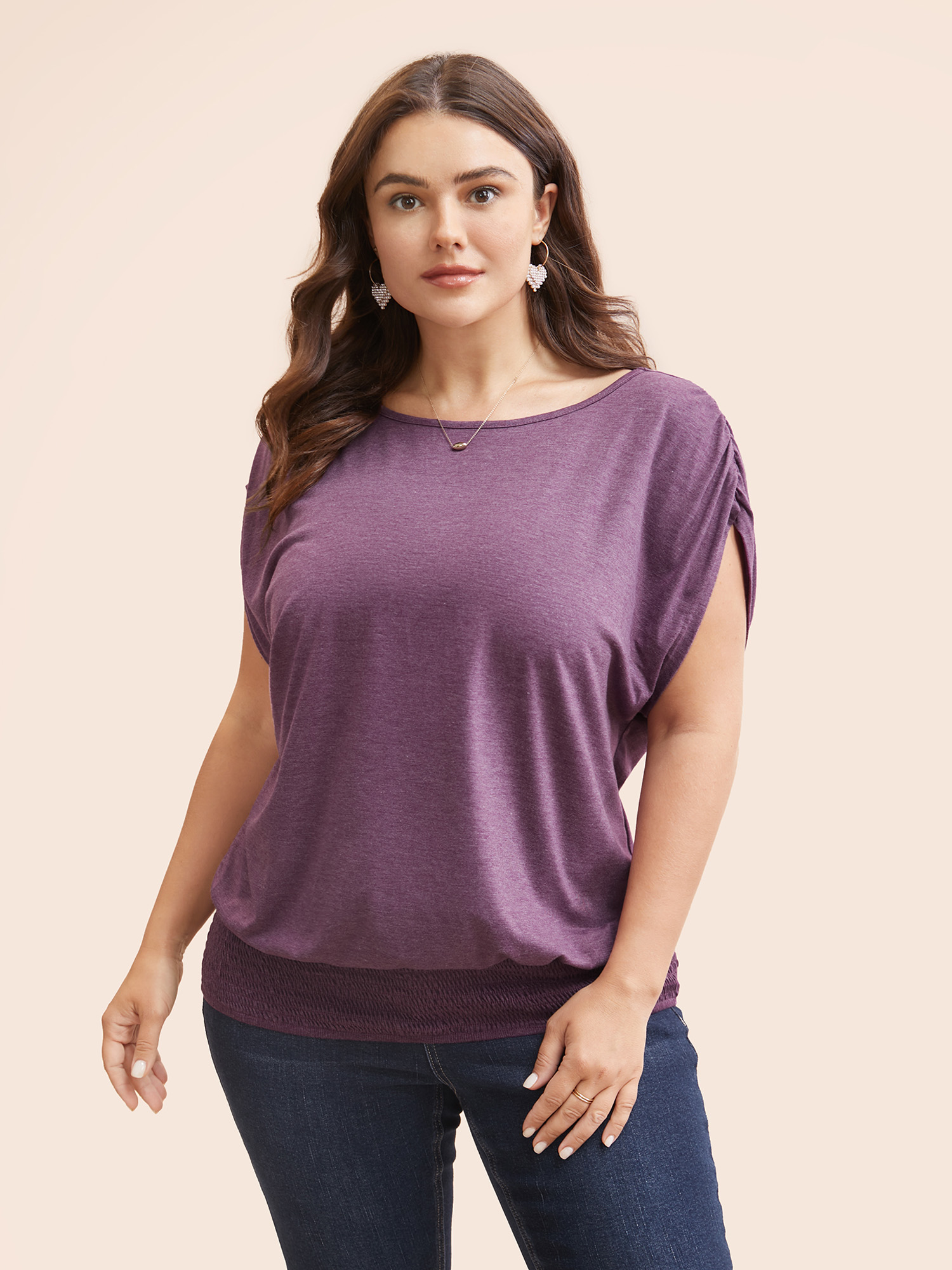 

Plus Size Solid Ruched Batwing Sleeve Shirred Hem T-shirt Purple Women Elegant Ruched Plain Round Neck Everyday T-shirts BloomChic