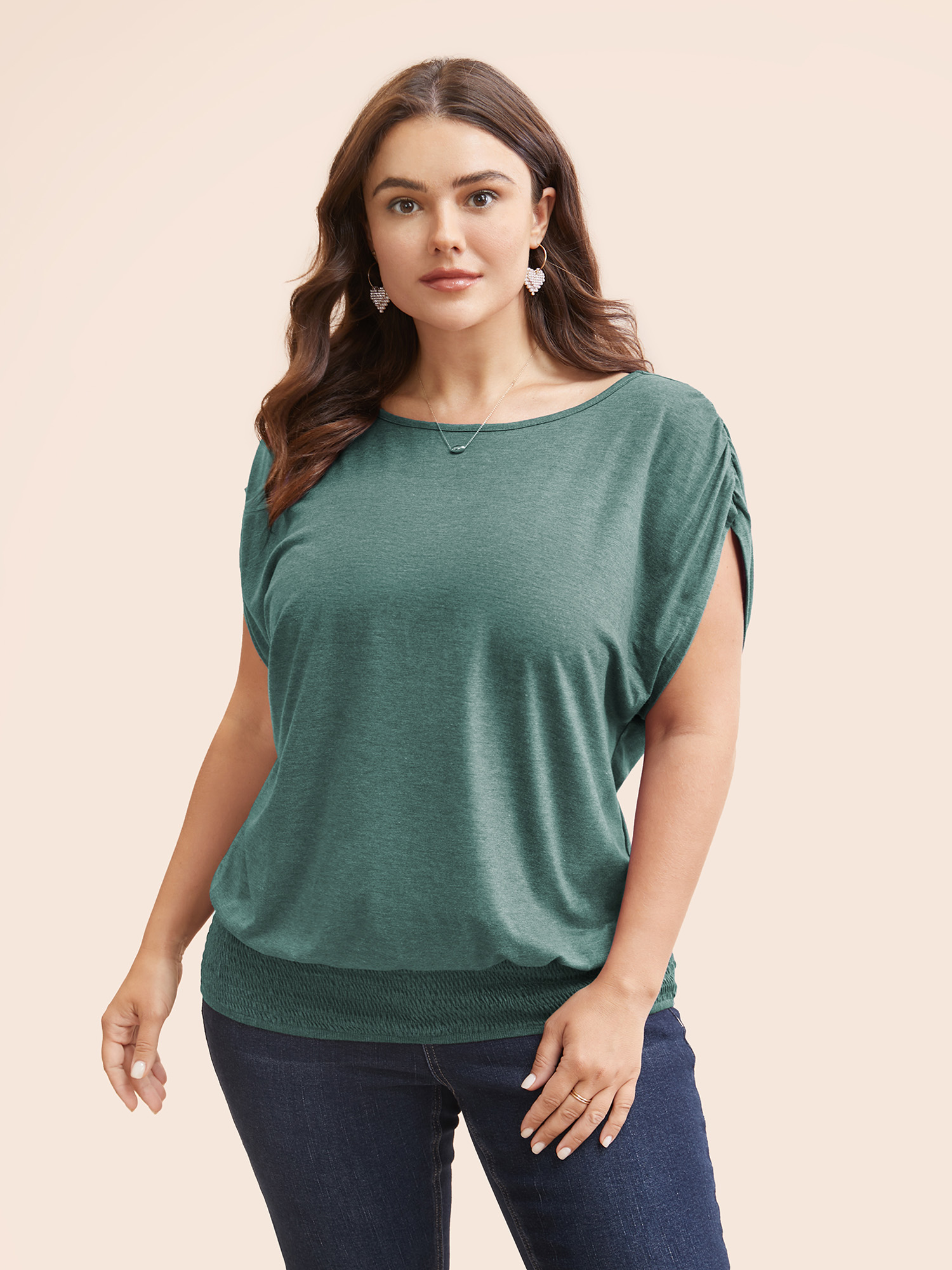 

Plus Size Solid Ruched Batwing Sleeve Shirred Hem T-shirt Cyan Women Elegant Ruched Plain Round Neck Everyday T-shirts BloomChic