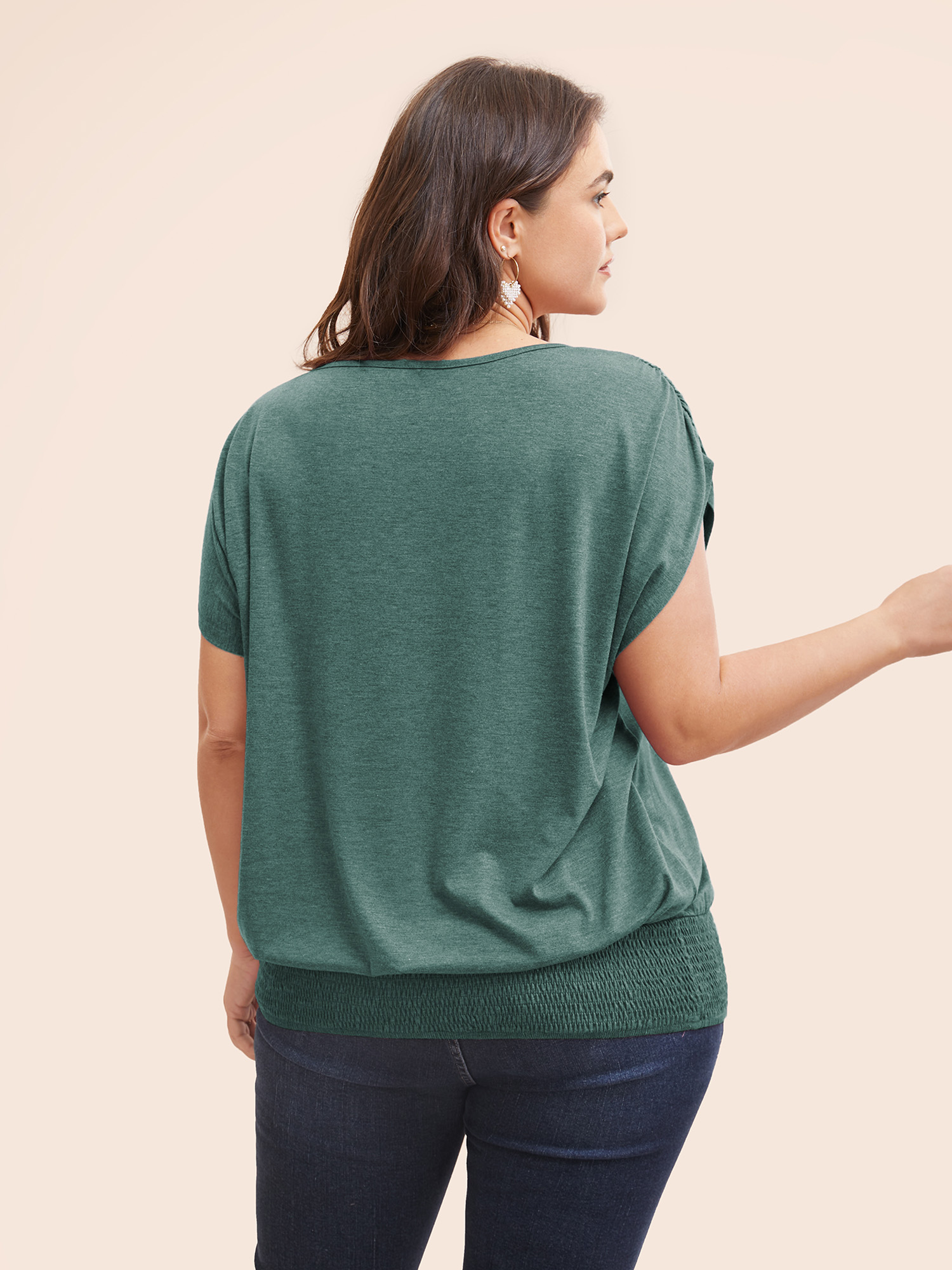 

Plus Size Solid Ruched Batwing Sleeve Shirred Hem T-shirt Cyan Women Elegant Ruched Plain Round Neck Everyday T-shirts BloomChic