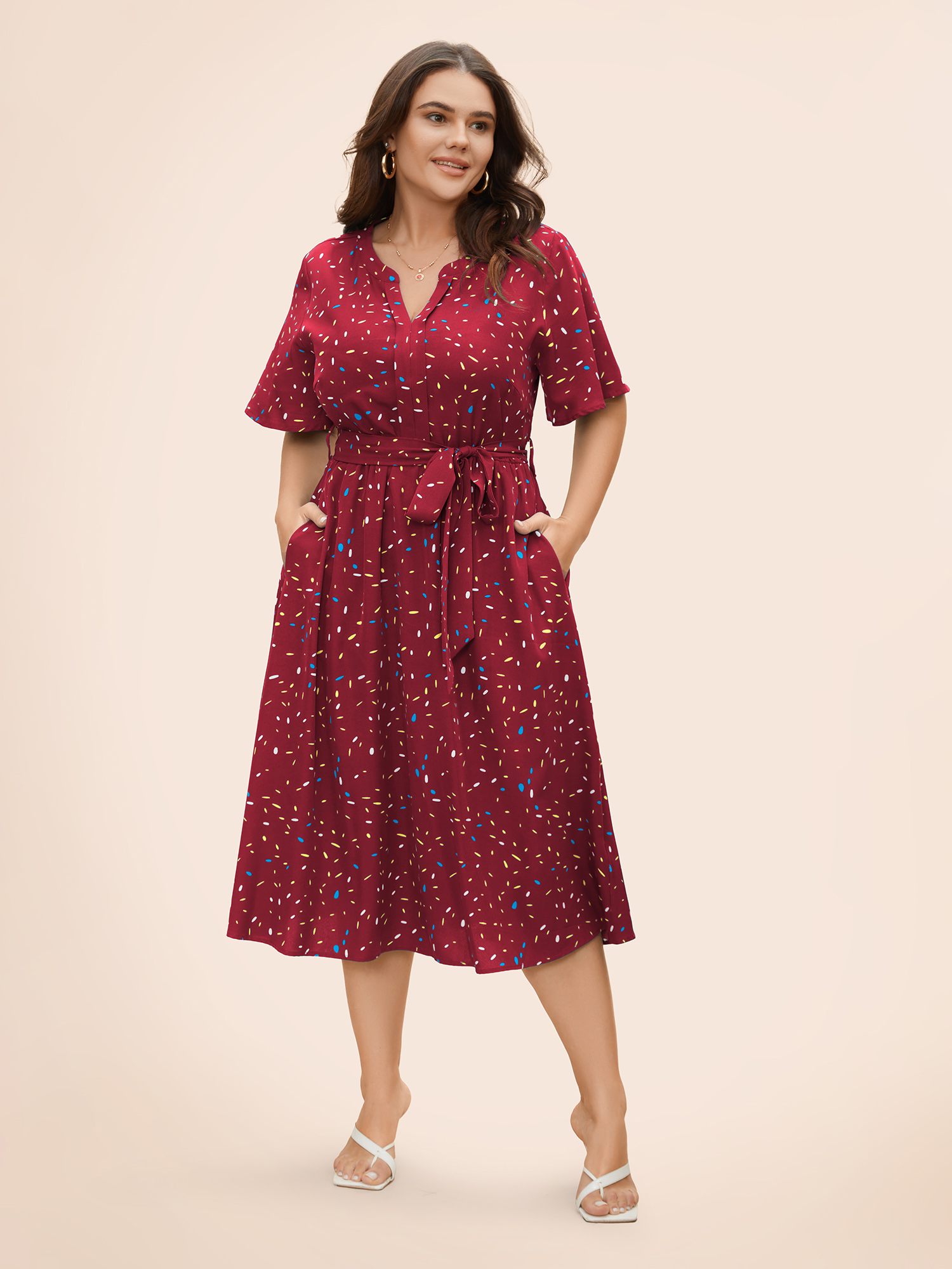 

Plus Size Split Neck Confetti Print Midi Dress Burgundy Women Elegant Belted Notched collar Short sleeve Curvy BloomChic