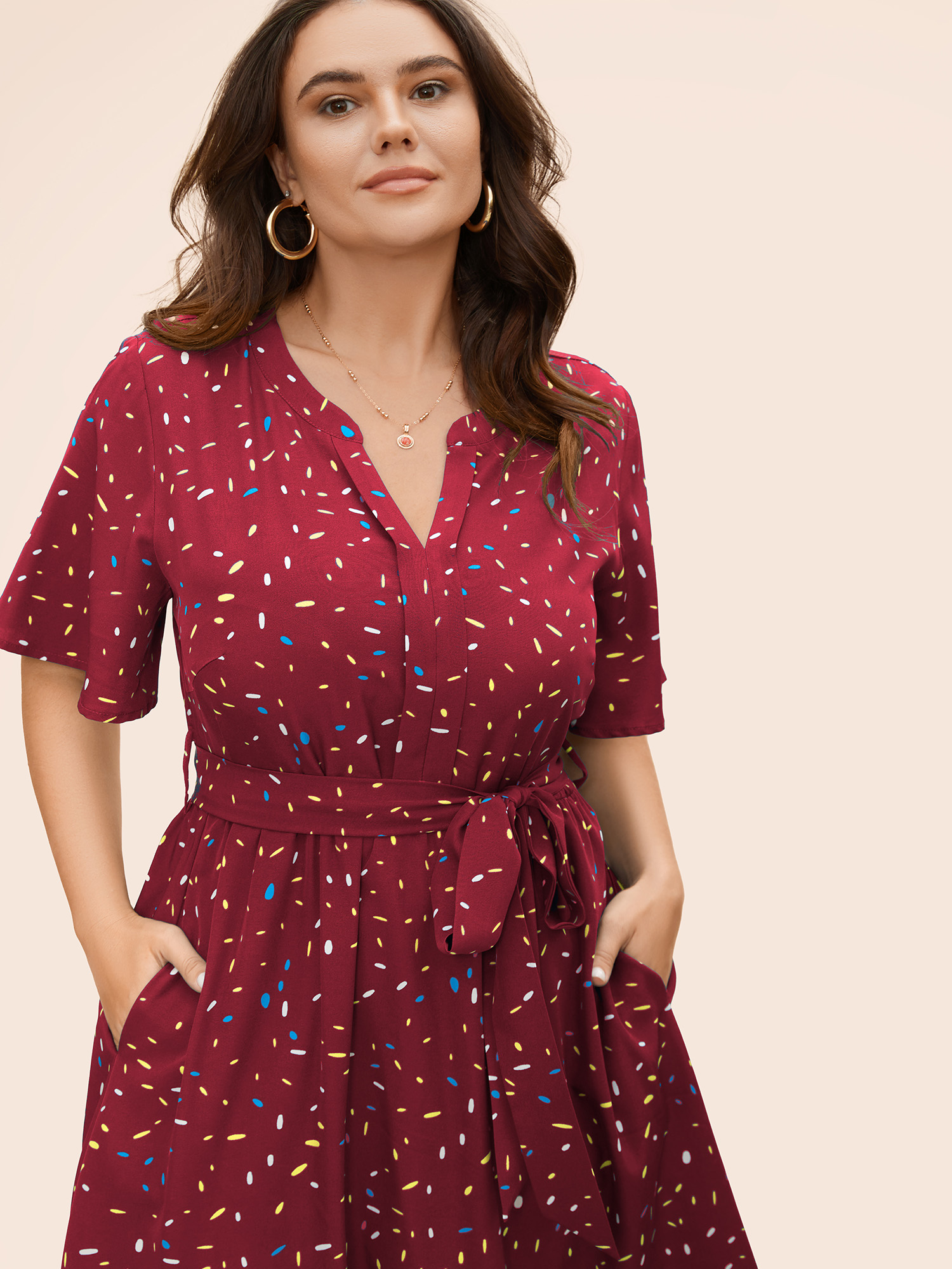 

Plus Size Split Neck Confetti Print Midi Dress Burgundy Women Elegant Belted Notched collar Short sleeve Curvy BloomChic