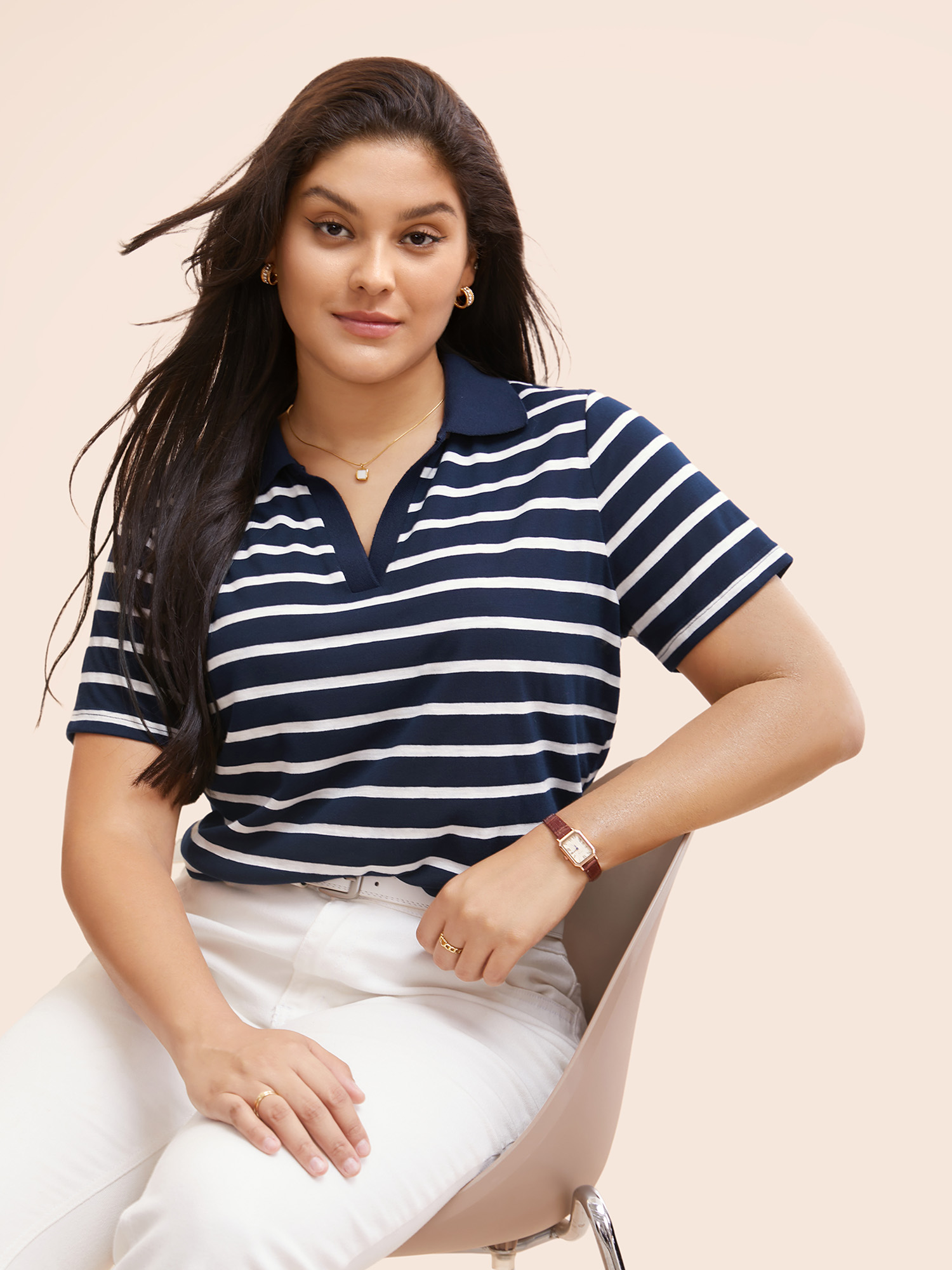 

Plus Size Polo Neck Striped Contrast T-shirt Indigo Women Work From Home Contrast Polo Work T-shirts BloomChic