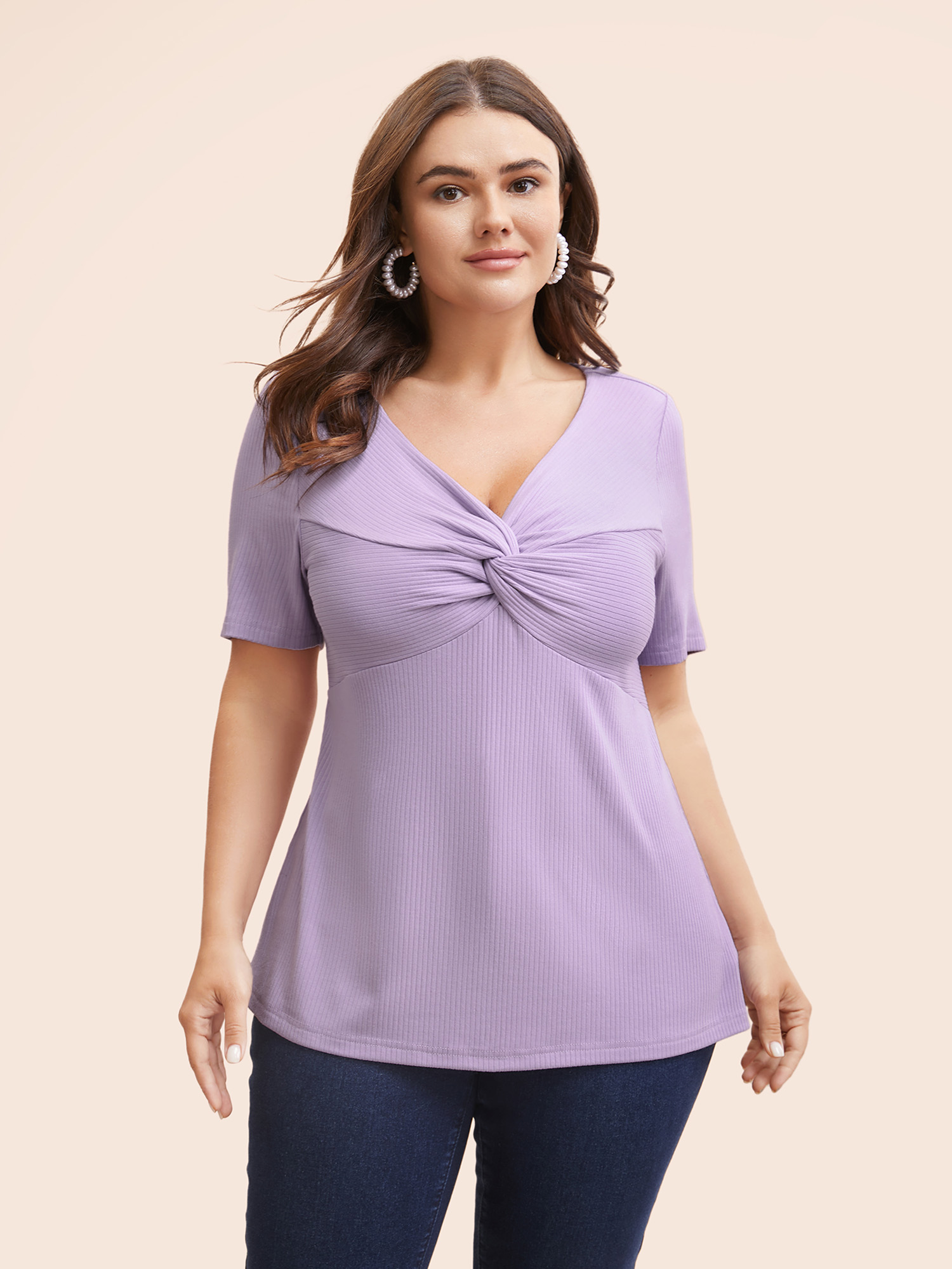 

Plus Size Plain Textured Rib Knit Twist Front T-shirt Lilac Women Elegant Twist V-neck Bodycon Everyday T-shirts BloomChic