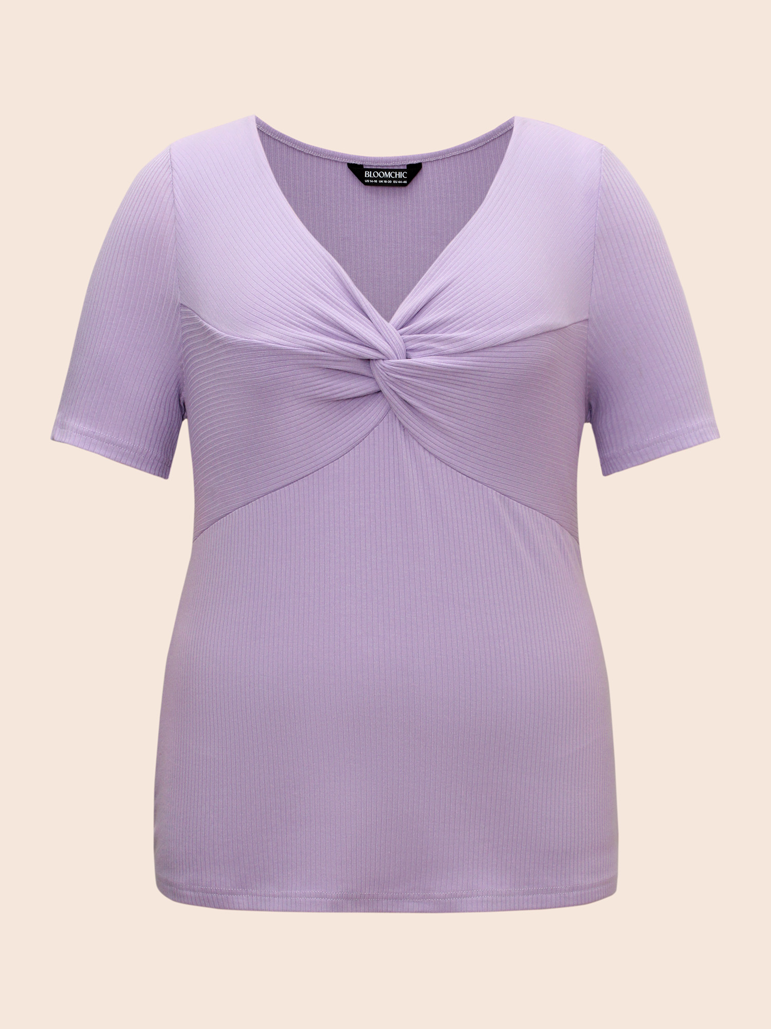 

Plus Size Plain Textured Rib Knit Twist Front T-shirt Lilac Women Elegant Twist V-neck Bodycon Everyday T-shirts BloomChic