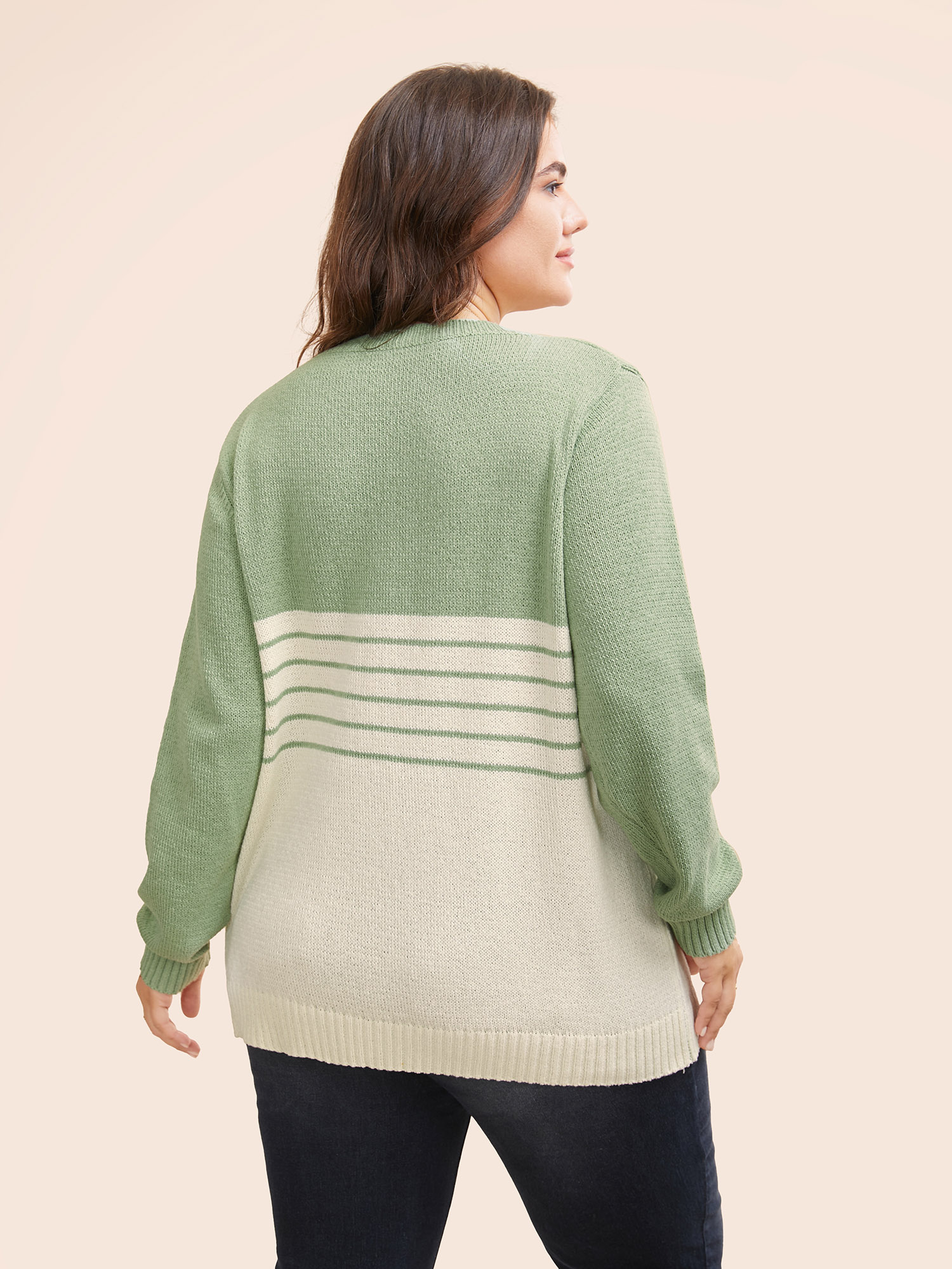 

Plus Size V Neck Striped Patchwork Pullover LightGreen Women Casual Long Sleeve V-neck Everyday Pullovers BloomChic