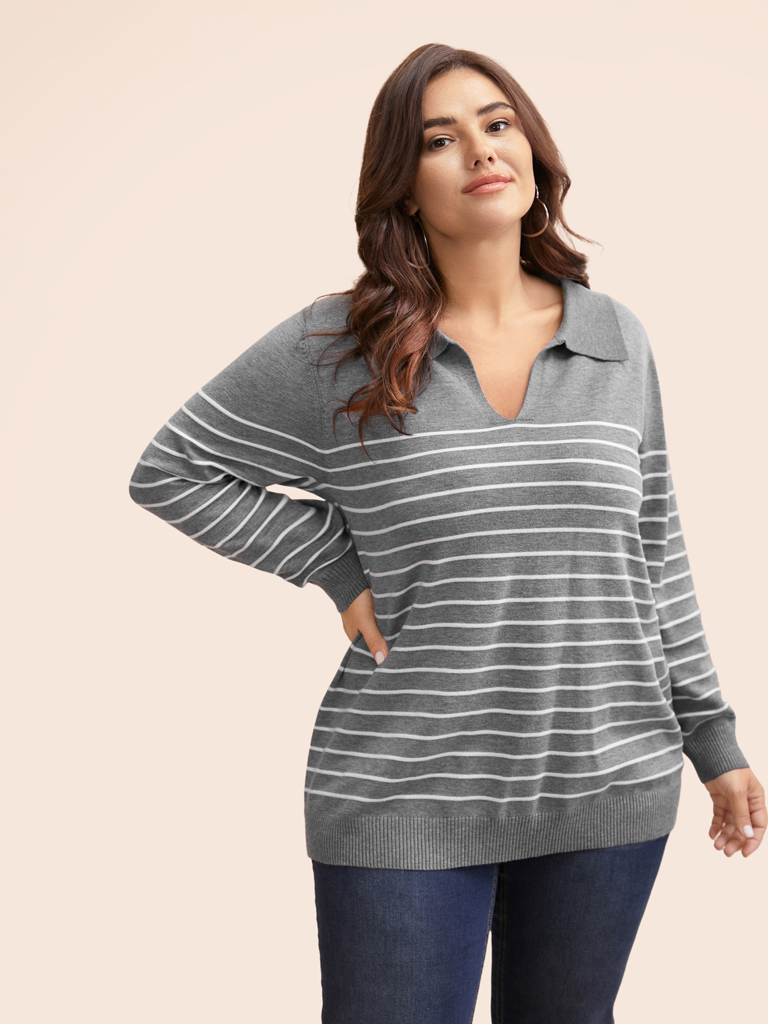 

Plus Size Supersoft Essentials Striped Knit Pullover Mediumgray Women Workwear Essentials Three Quater Length Sleeve Polo Work Pullovers BloomChic