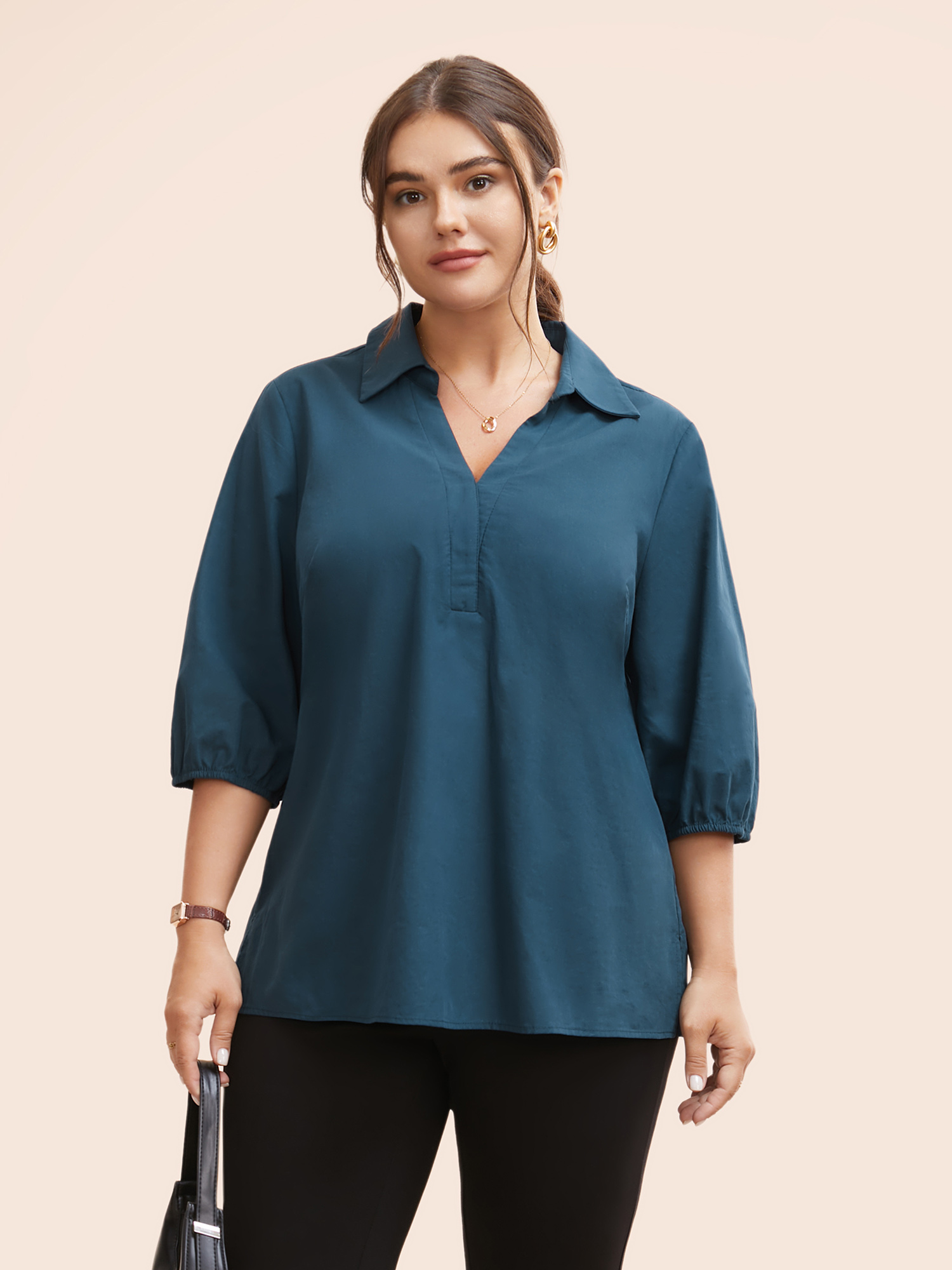 

Plus Size Aegean Cotton Shirt Collar Lantern Sleeve Blouse Women Work From Home Elbow-length sleeve Shirt collar Work Blouses BloomChic