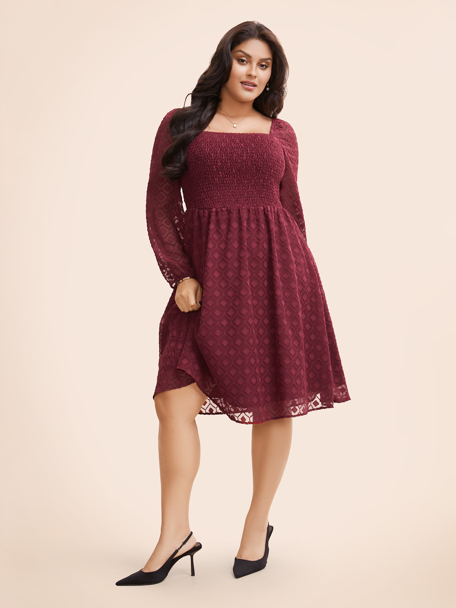 

Plus Size Square Neck Textured Mesh Shirred Dress Burgundy Women Elegant Texture Square Neck Long Sleeve Curvy BloomChic