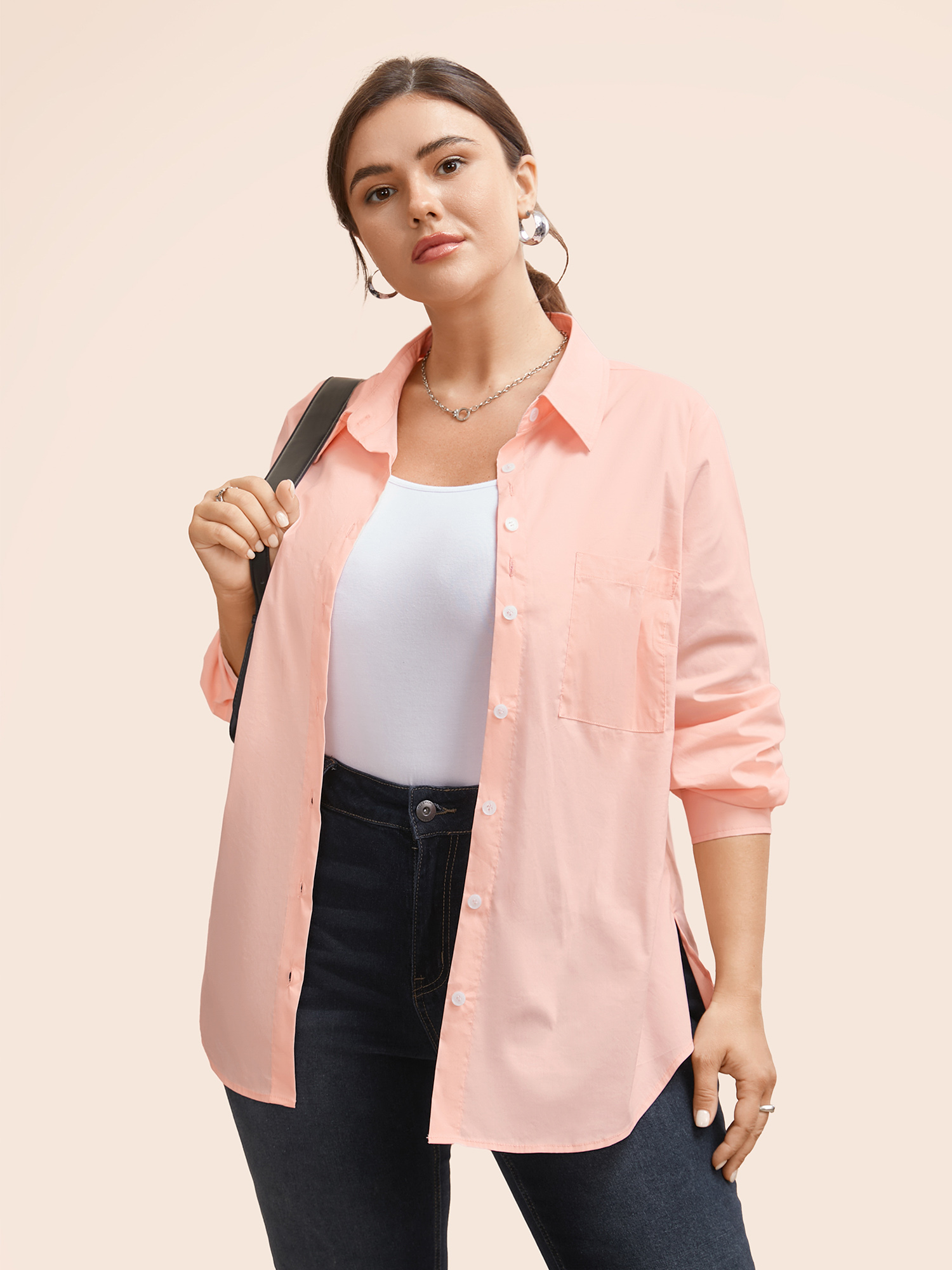 Plus Size Nudepink Plain Shirt Collar Split Side Blouse Women Work From Home Long Sleeve Shirt collar Work Blouses BloomChic 28/5X 