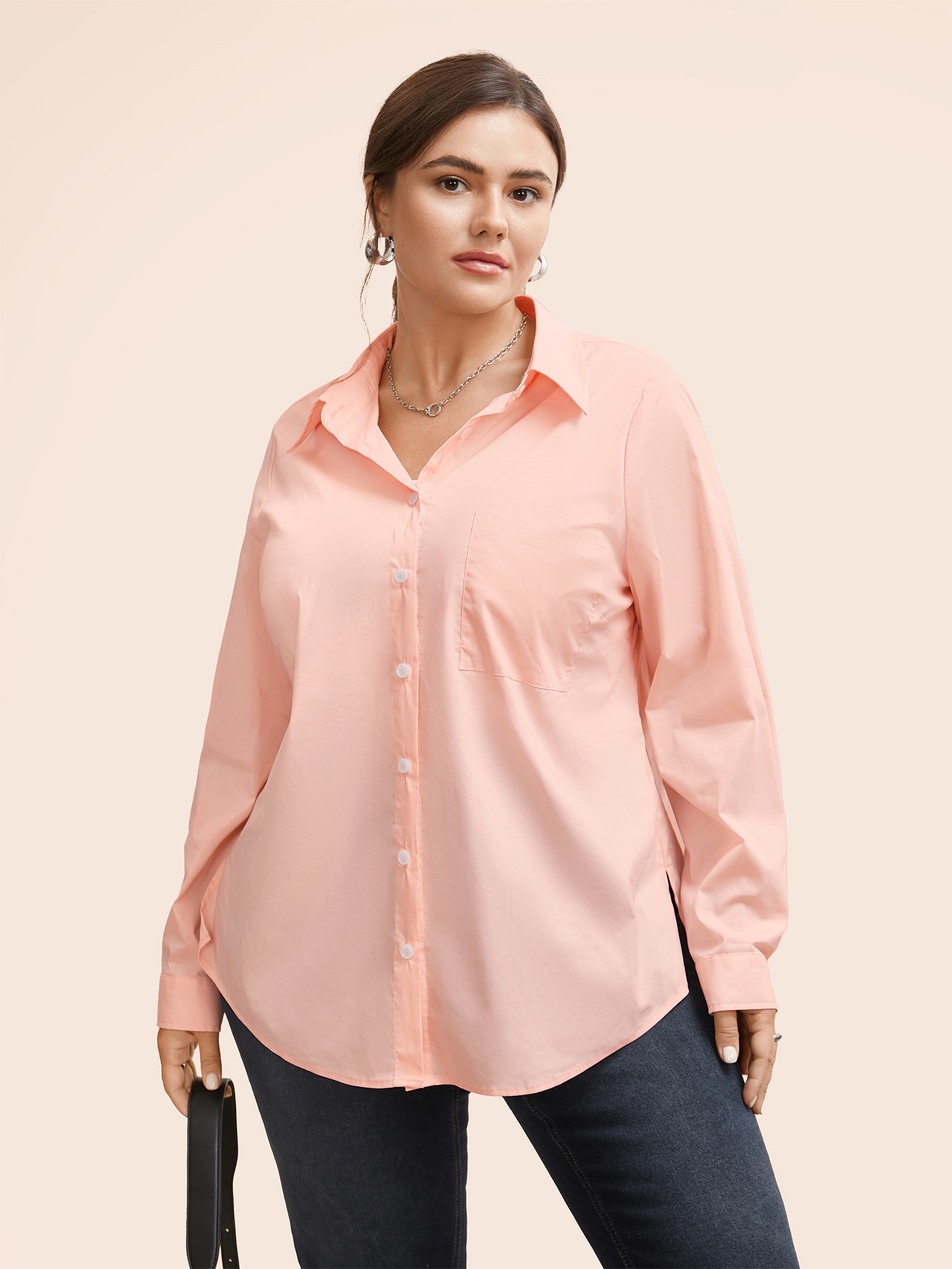 Plus Size Nudepink Plain Shirt Collar Split Side Blouse Women Work From Home Long Sleeve Shirt collar Work Blouses BloomChic 28/5X 
