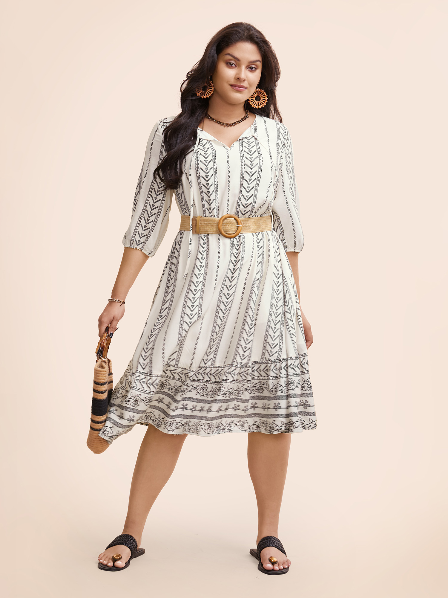 

Plus Size Boho Print Tie Knot Lantern Sleeve Dress Originalwhite Women Resort Tie knot V-neck Elbow-length sleeve Curvy BloomChic