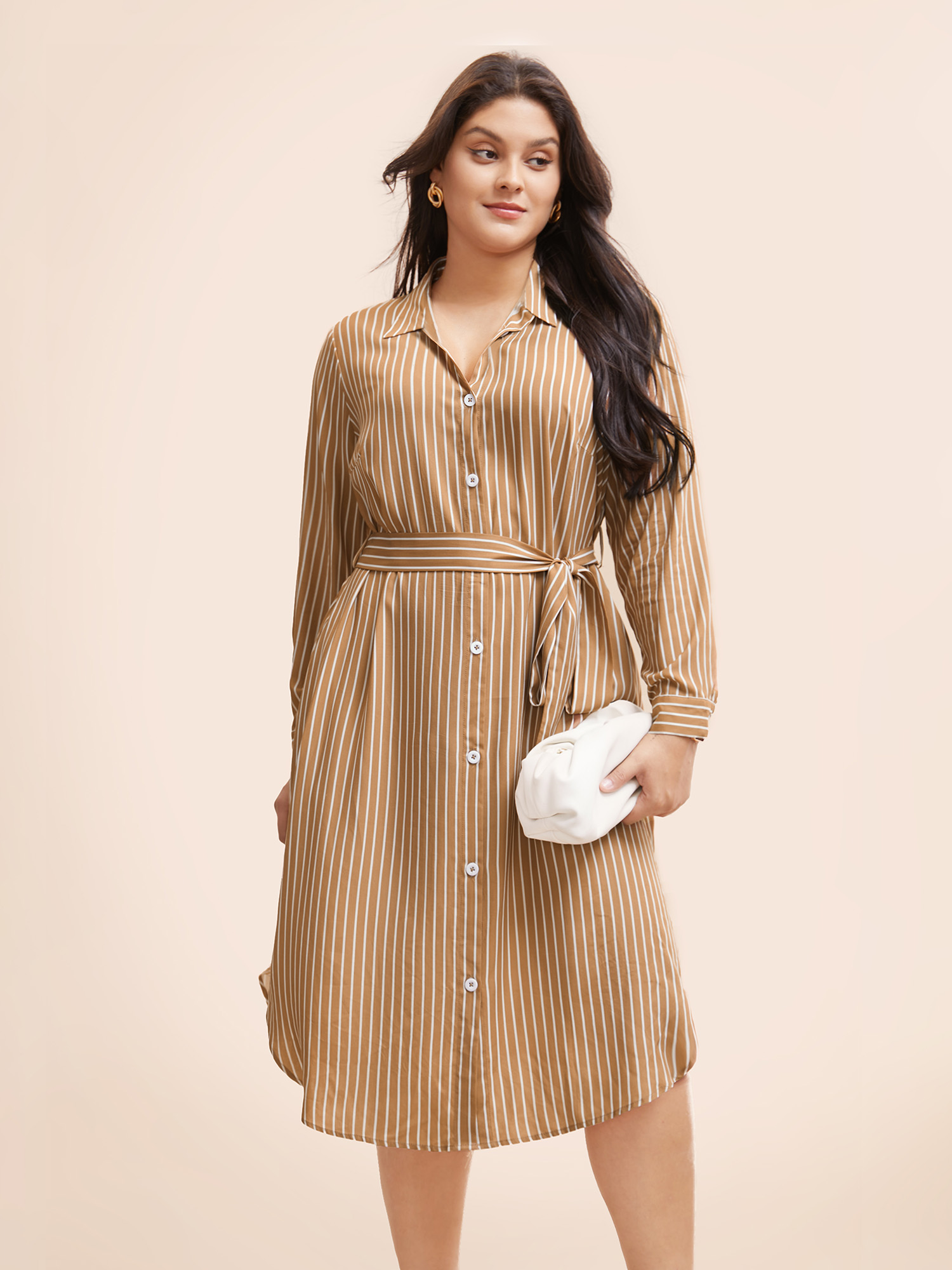 

Plus Size Striped Shirt Collar Curved Hem Midi Dress LightBrown Women Workwear Essentials Belted Shirt collar Long Sleeve Curvy BloomChic