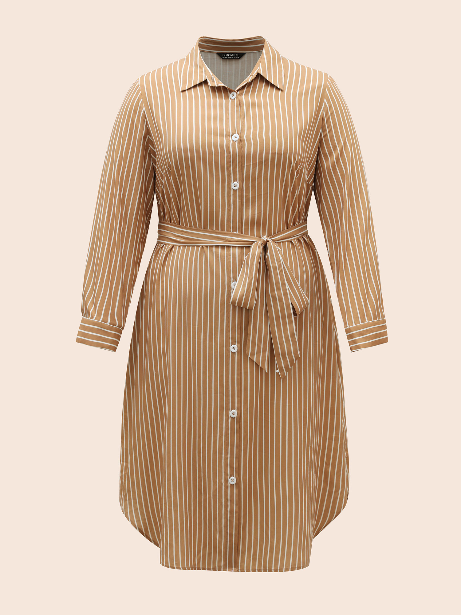 

Plus Size Striped Shirt Collar Curved Hem Midi Dress LightBrown Women Workwear Essentials Belted Shirt collar Long Sleeve Curvy BloomChic