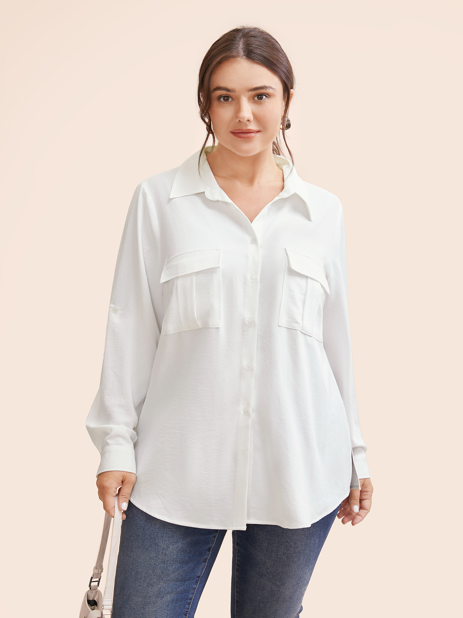 

Plus Size Shirt Collar Flap Detail Tab Sleeve Blouse Originalwhite Long Sleeve Shirt collar Work From Home Shirts