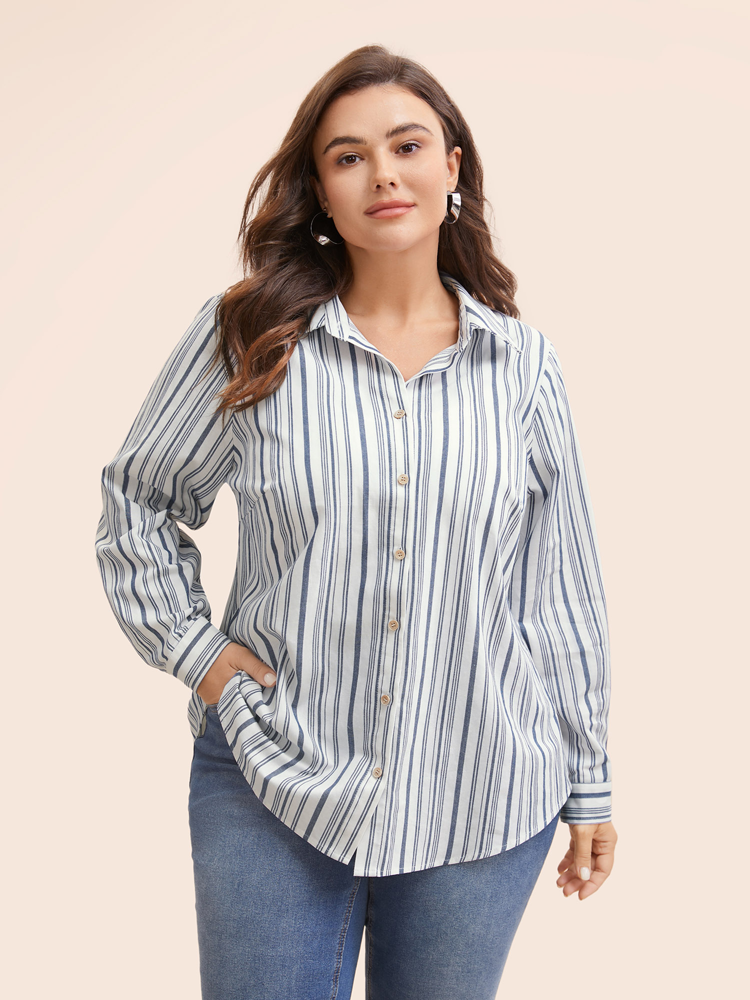 

Plus Size Indigo Striped Button Up Curved Hem Blouse Women Casual Long Sleeve Shirt collar Everyday Blouses BloomChic