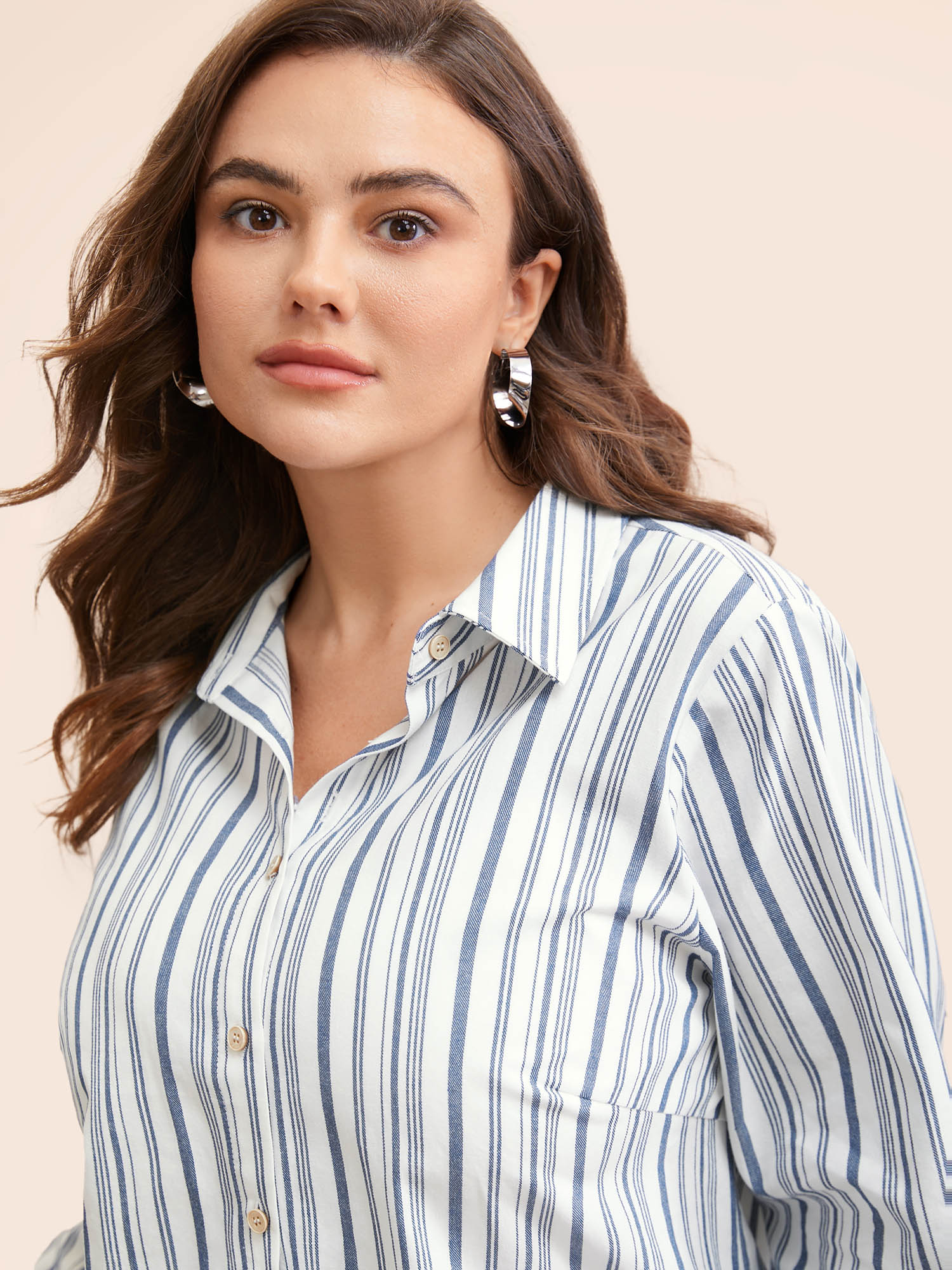 

Plus Size Indigo Striped Button Up Curved Hem Blouse Women Casual Long Sleeve Shirt collar Everyday Blouses BloomChic