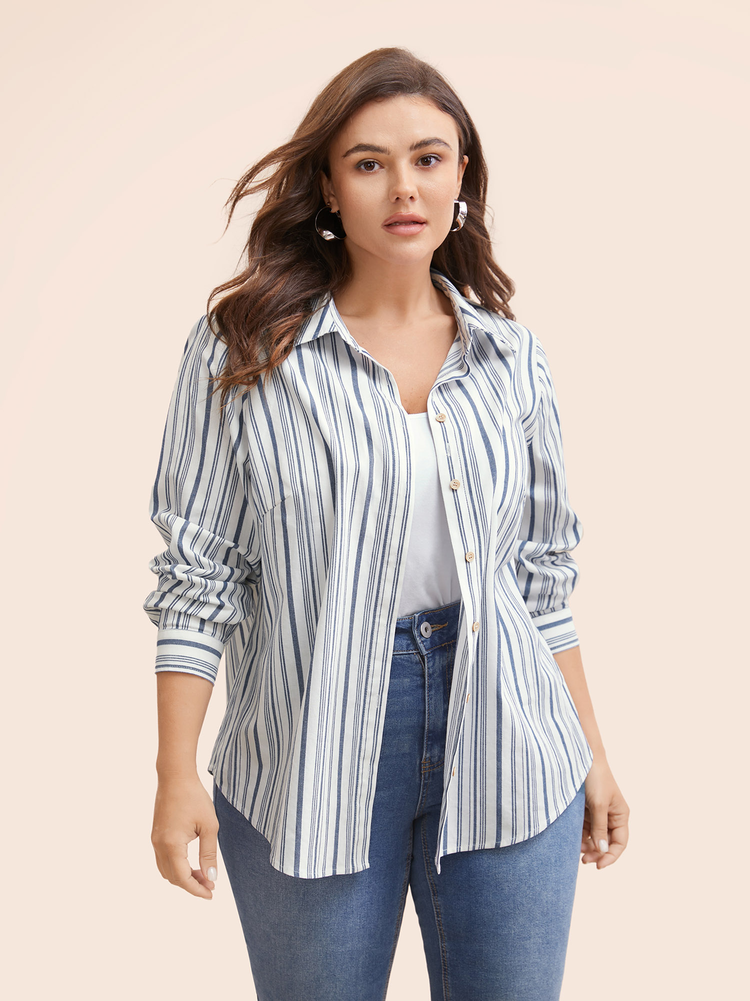 

Plus Size Indigo Striped Button Up Curved Hem Blouse Women Casual Long Sleeve Shirt collar Everyday Blouses BloomChic