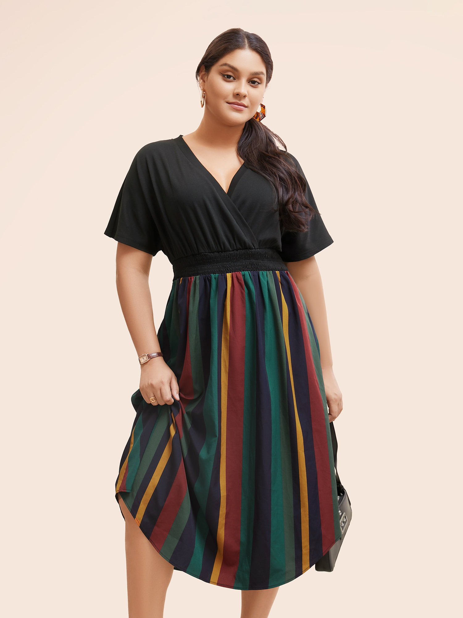 

Plus Size Striped Overlap Collar Shirred Midi Dress Black Women Workwear Essentials Patchwork Overlap Collar Short sleeve Curvy BloomChic